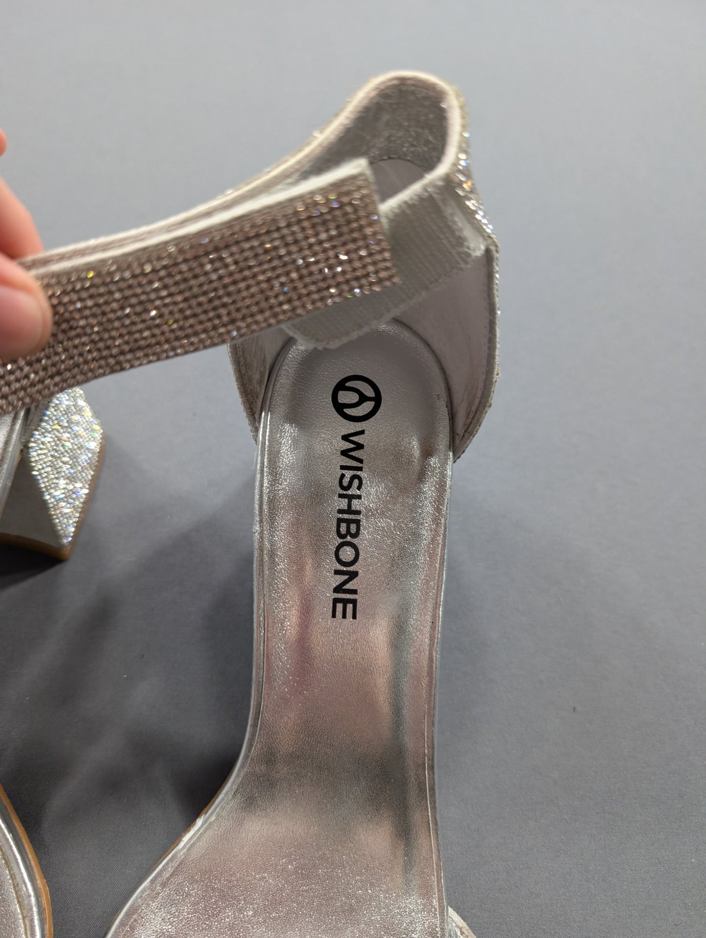 Wishbone Silver Rhinestone Block Heel Sandals Sz 9.5 Ankle Strap