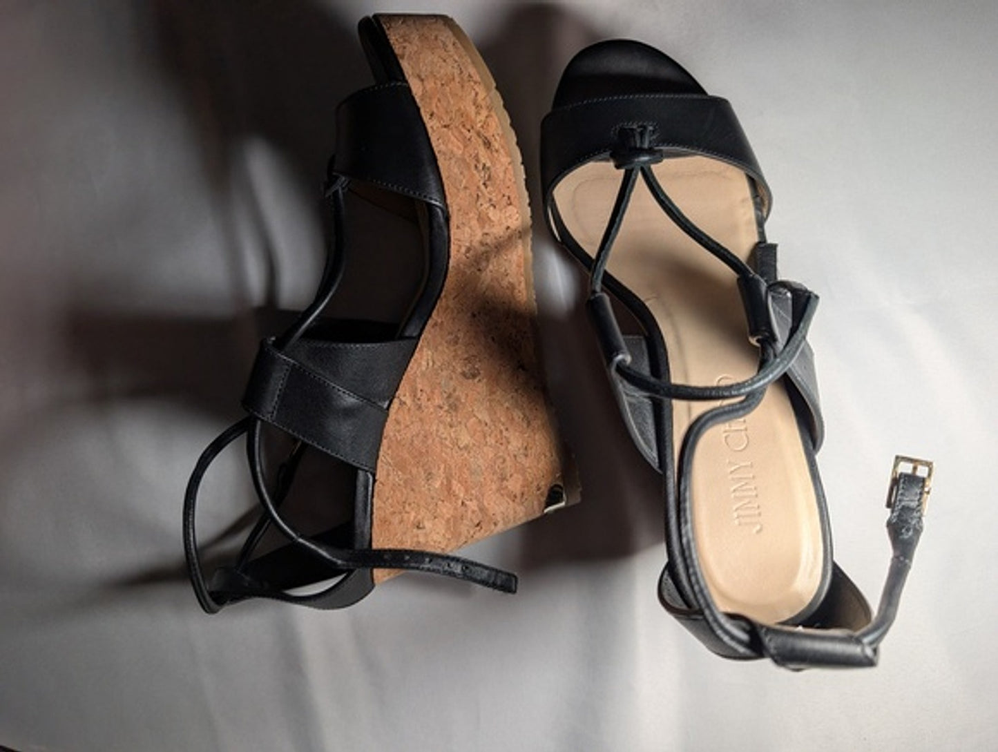 Jimmy Choo Black Leather Wedge Sandals - Size 37.5