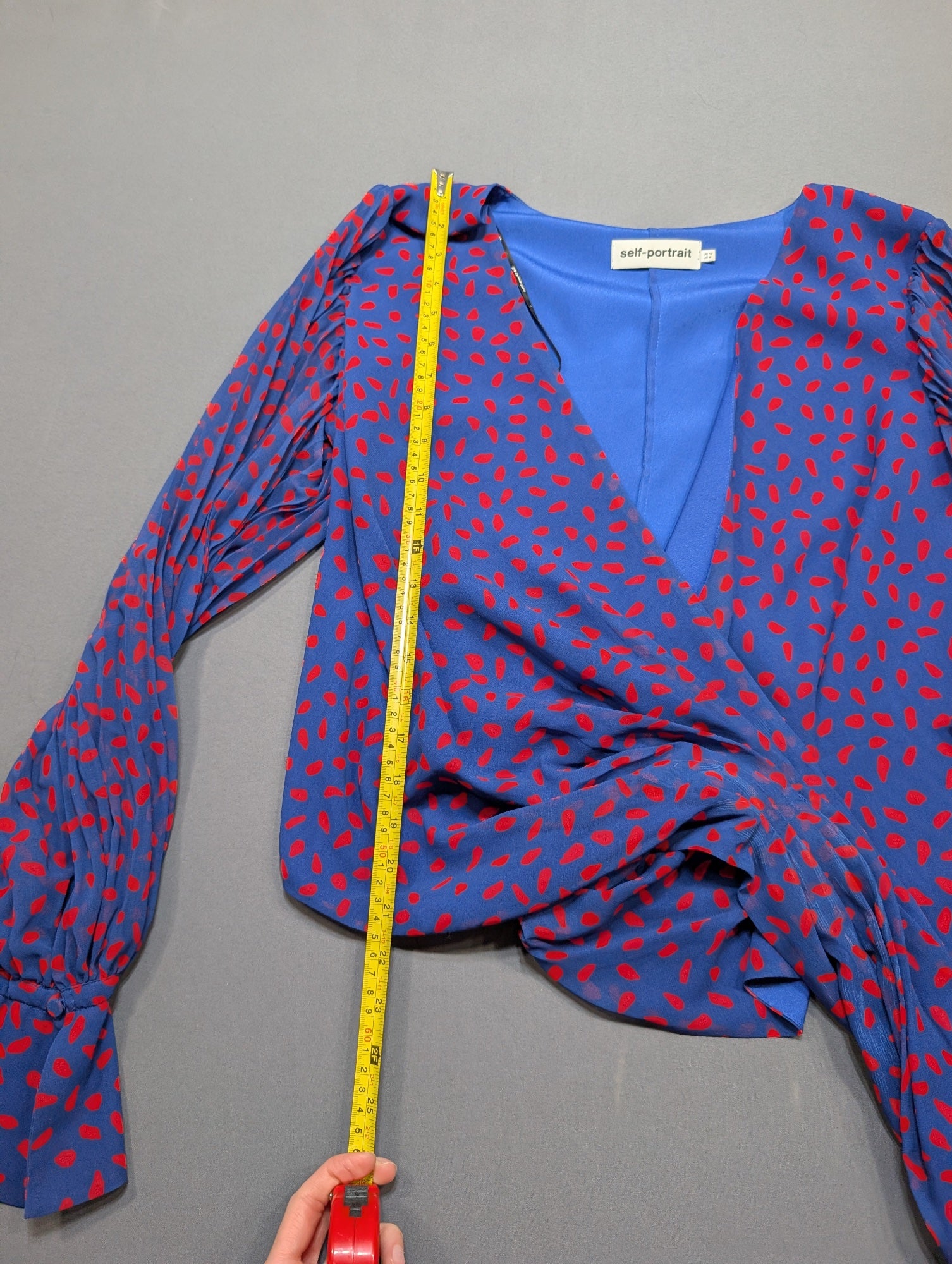 Self-Portrait Blue Red Spot Print Wrap Blouse Top UK12 US8 Long Sleeve