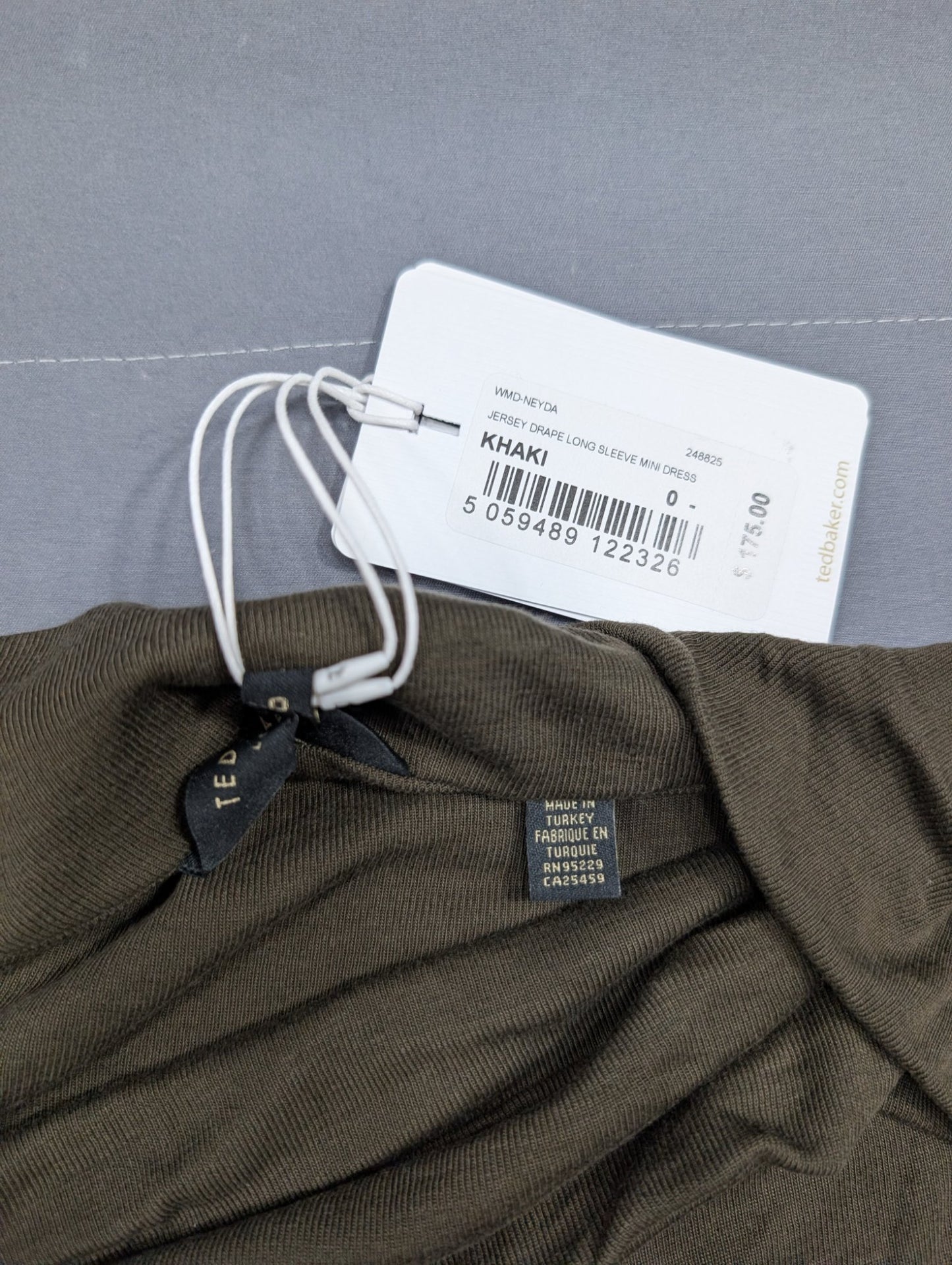 Ted Baker Neyda Khaki Jersey Drape Long Sleeve Mini Dress Sz 0