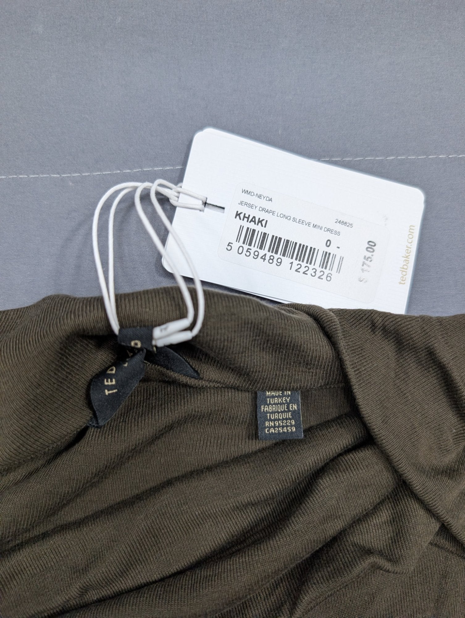 Ted Baker Neyda Khaki Jersey Drape Long Sleeve Mini Dress Sz 0