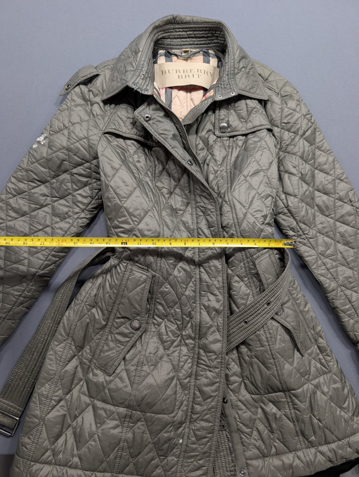 Burberry Brit Women's Quilted Jacket Olive Green Belted Coat