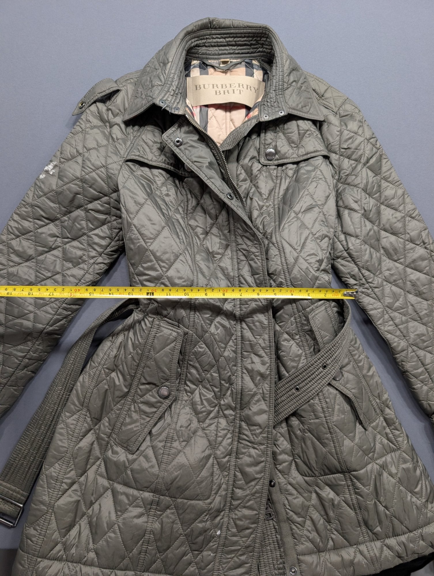 Burberry Brit Women's Quilted Jacket Olive Green Belted Coat