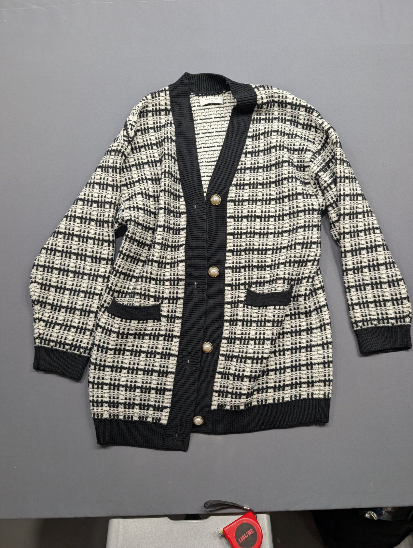 Babaton XS Houndstooth Knit Cardigan Pearl Buttons Black White