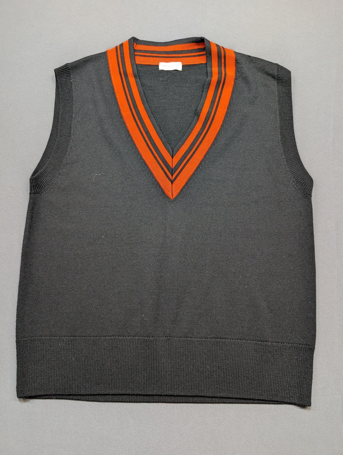 Dries Van Noten Merino Wool V-Neck Sweater Vest XS Dark Grey Orange