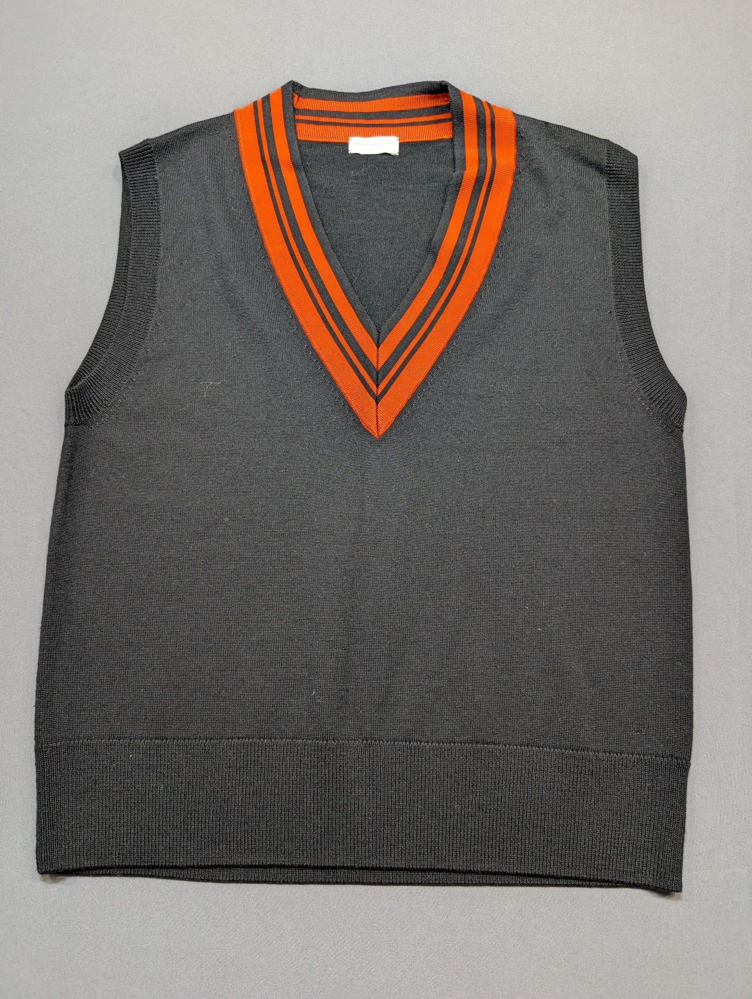 Dries Van Noten Merino Wool V-Neck Sweater Vest XS Dark Grey Orange