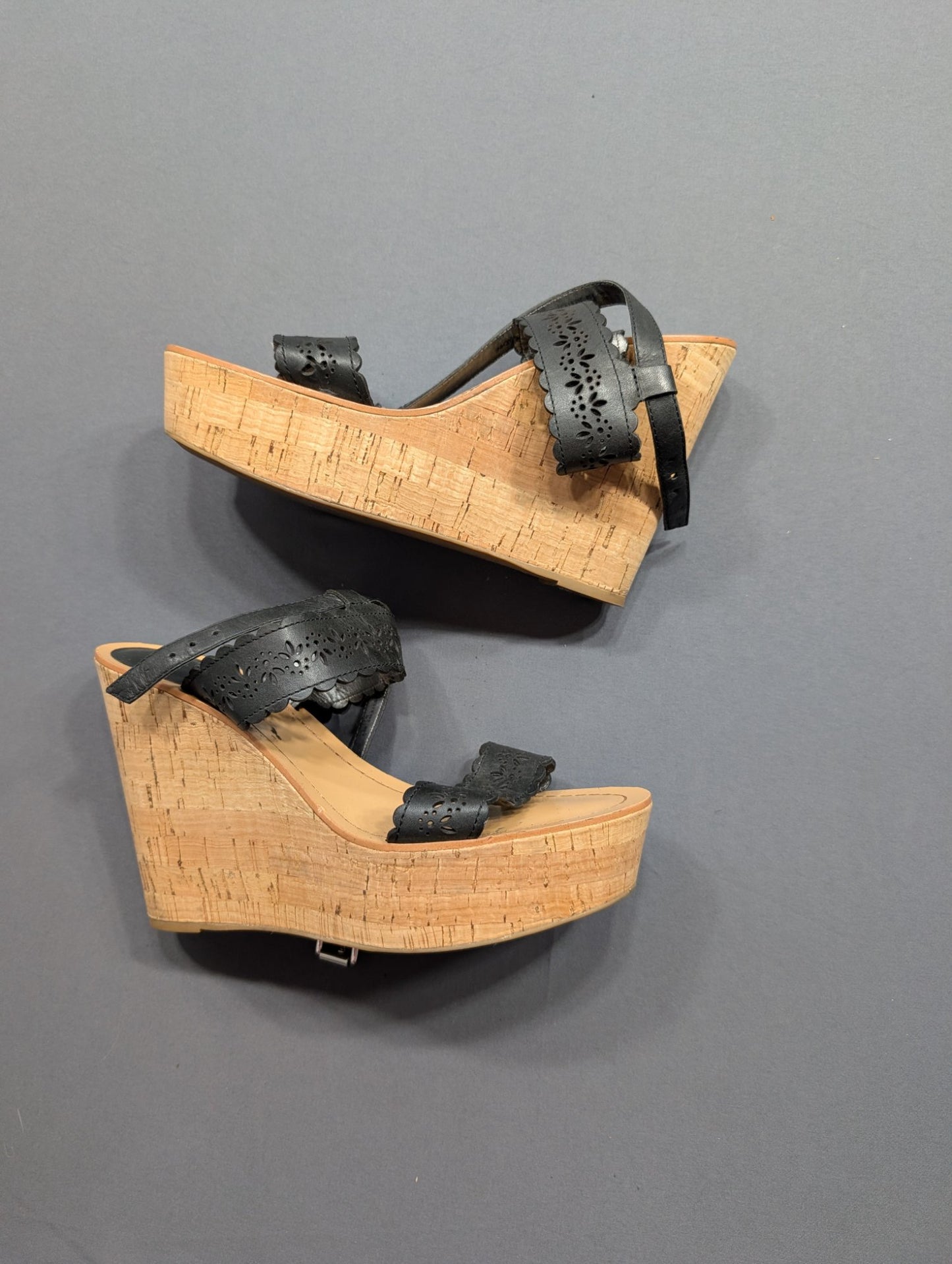 Coach Black Leather Cork Wedge Sandals Size 9.5B Laser Cut