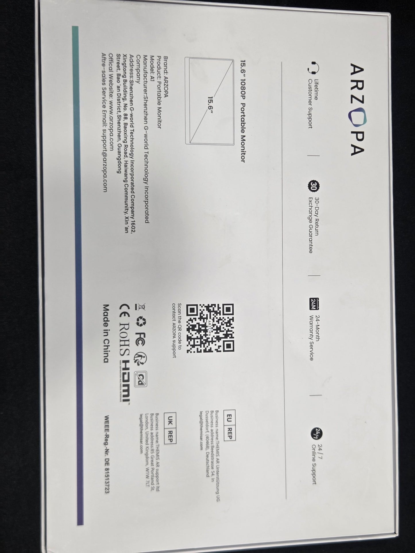 Arzopa A1 15.6" 1080P Portable Monitor IPS HDR Type-C HDMI