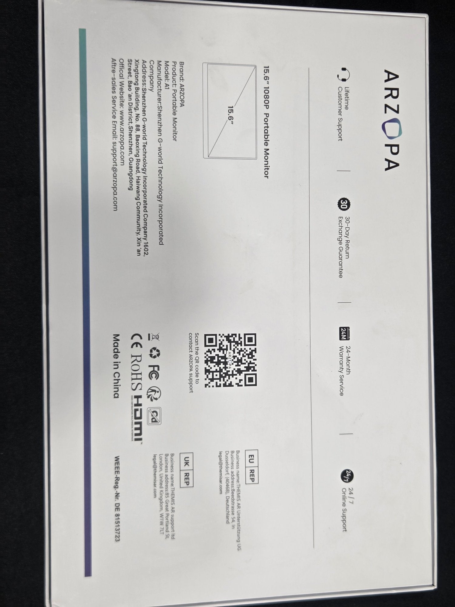 Arzopa A1 15.6" 1080P Portable Monitor IPS HDR Type-C HDMI