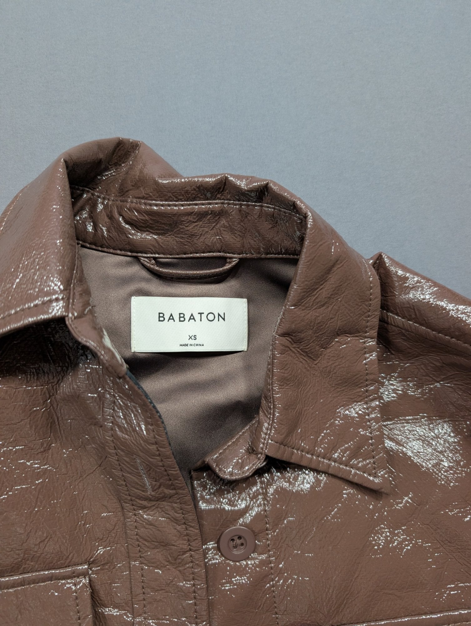 Babaton XS Brown Patent Faux Leather Belted Shirt Jacket Shacket