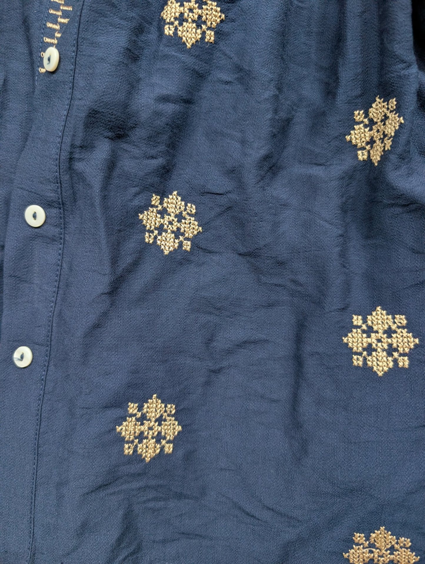 Pink Martini Navy Blue Embroidered Boho Blouse Top M Gold