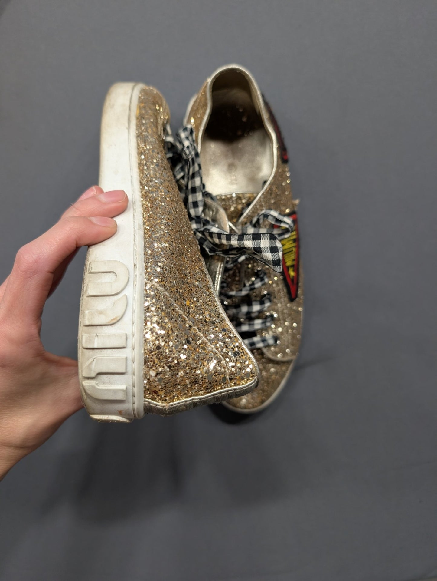 Miu Miu Gold Glitter Sneakers Patch Gingham Laces Women's