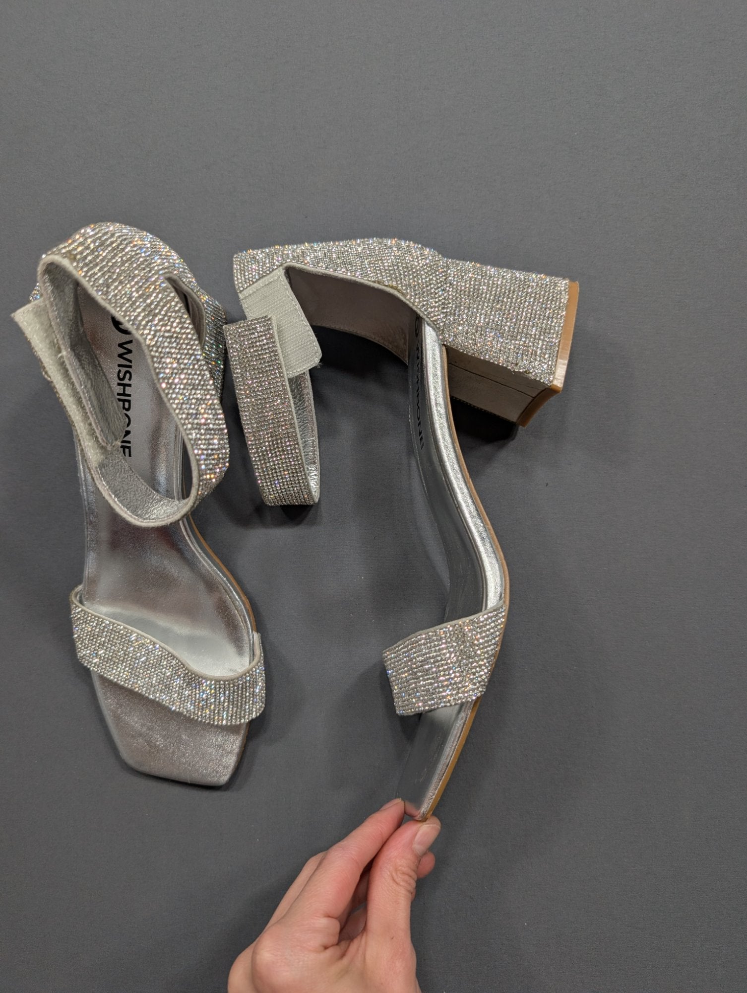 Wishbone Silver Rhinestone Block Heel Sandals Sz 9.5 Ankle Strap