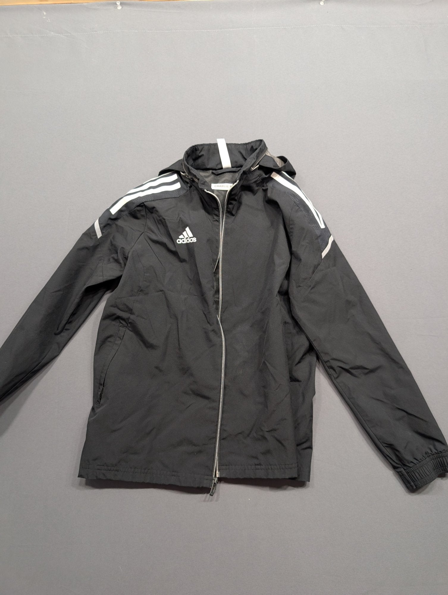 Adidas Kids Hooded Rain Jacket Black 3-Stripe Size S (9-10Y)