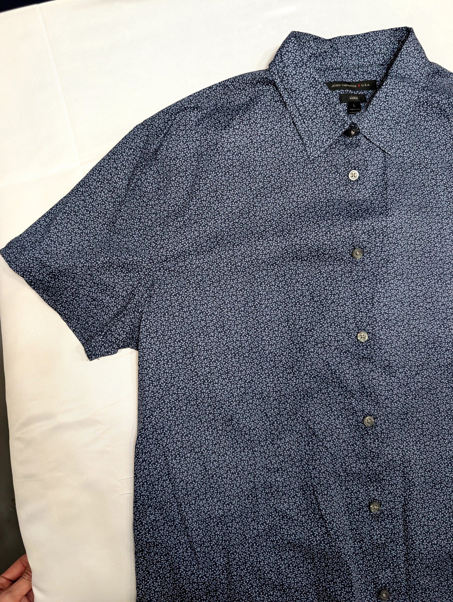 John Varvatos Luxe Navy Short Sleeve Button-Up Shirt, Size L