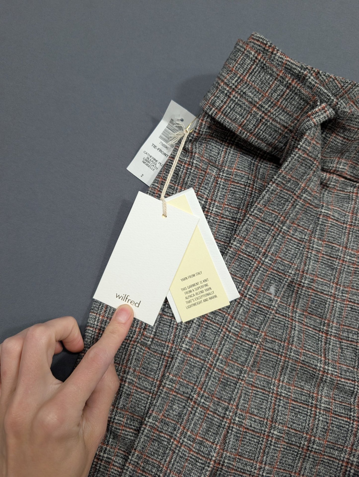 Wilfred Catherine Plaid Tie-Front Trousers Size 2 Alpaca Blend
