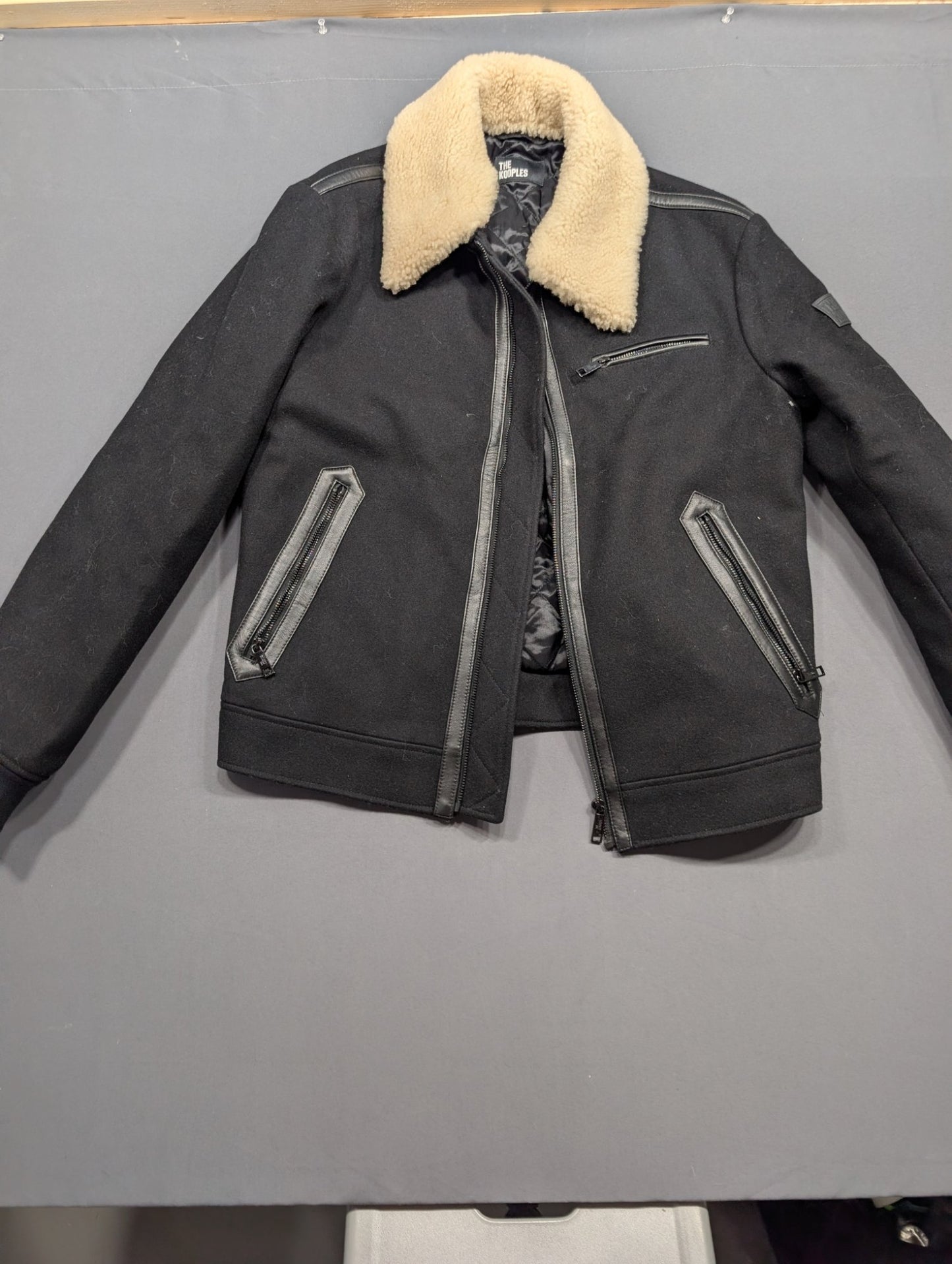 The Kooples Wool Moto Jacket Sherpa Collar Leather Trim Black Men M