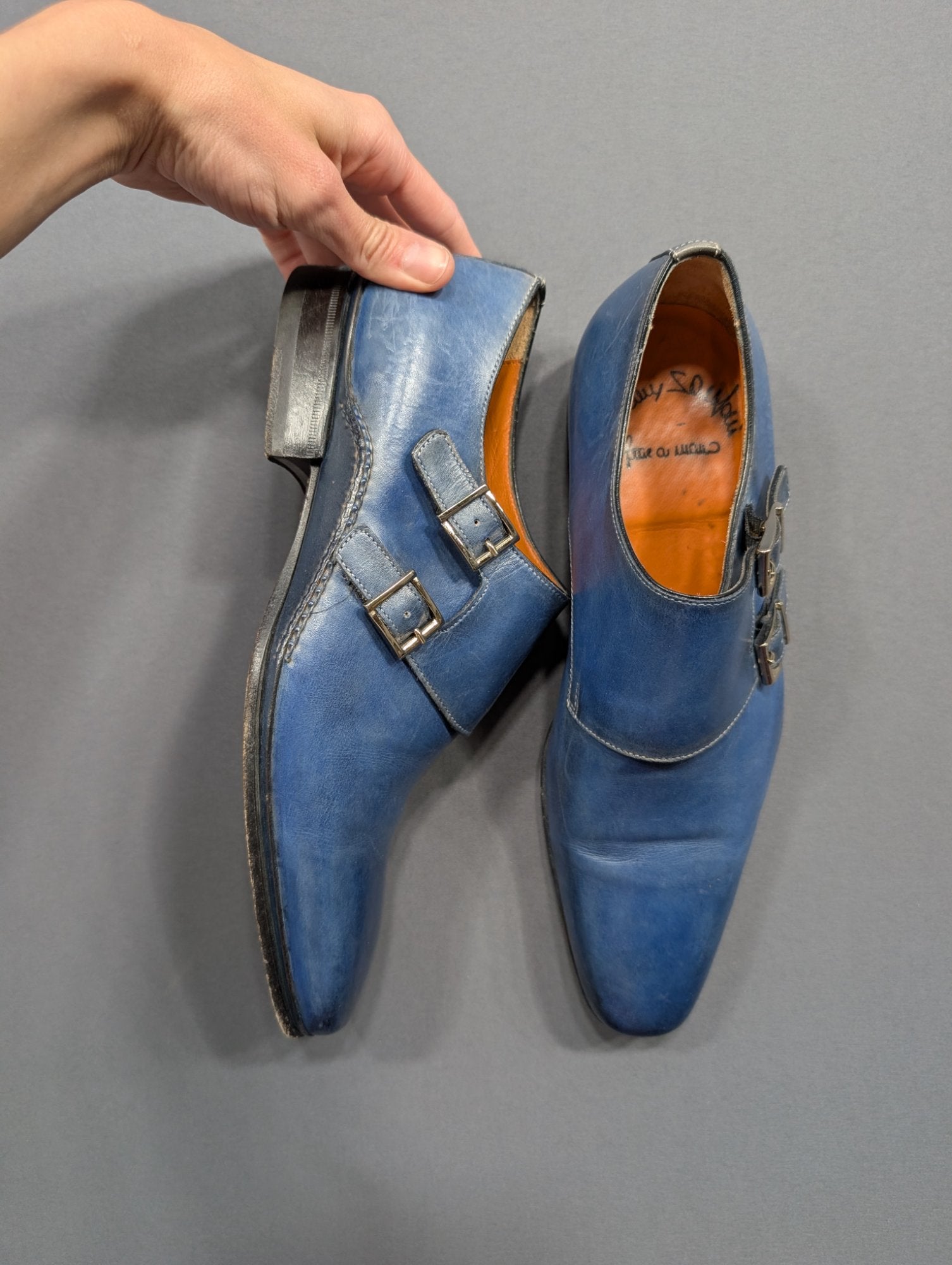 Santoni Blue Leather Double Monk Strap Dress Shoes Men