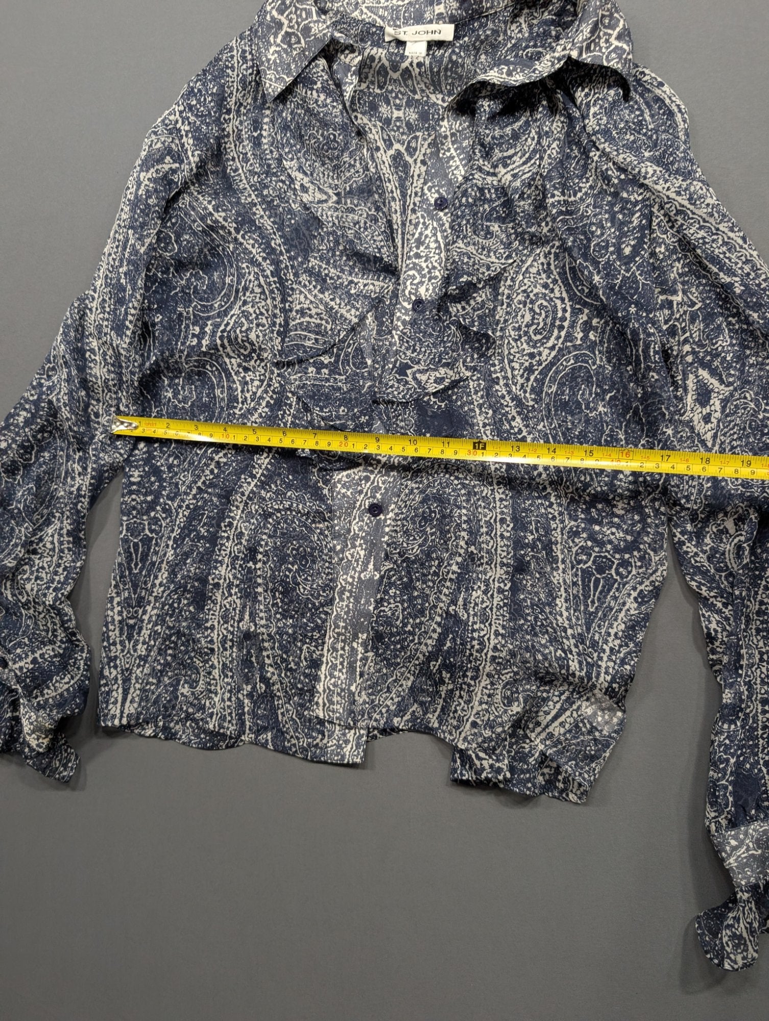 St. John Paisley Ruffle Blouse Blue White Button-Up Long Sleeve Top