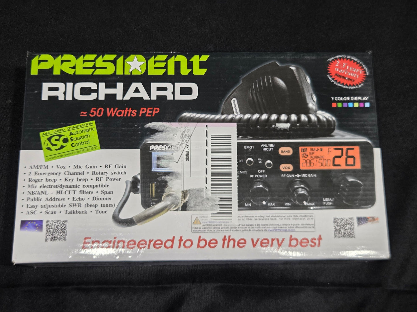 President Richard CB Radio 50W PEP AM/FM ASC 40CH 7-Color Display