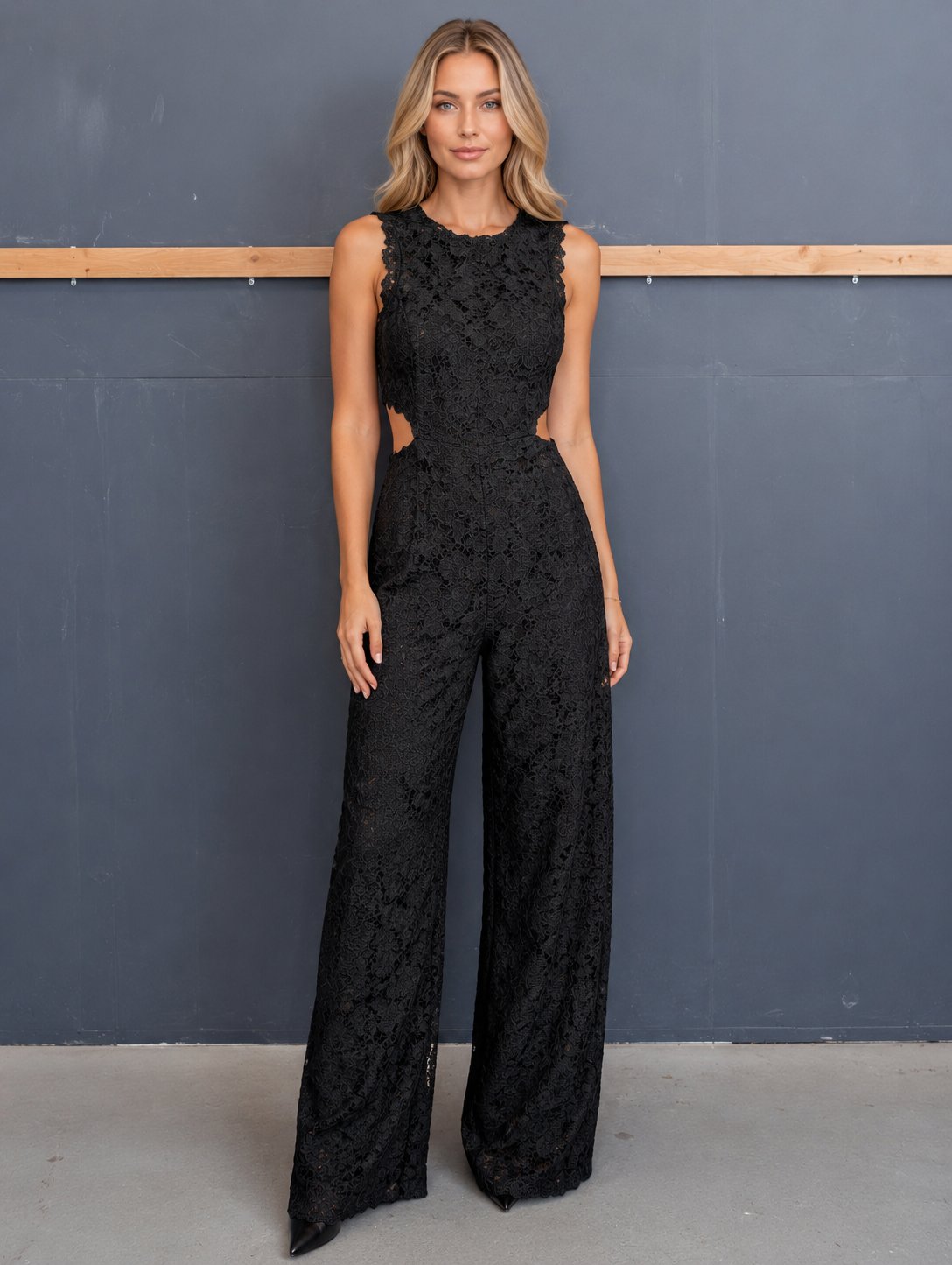 Alexis Black Lace Wide-Leg Jumpsuit Size L Cut-Out Waist