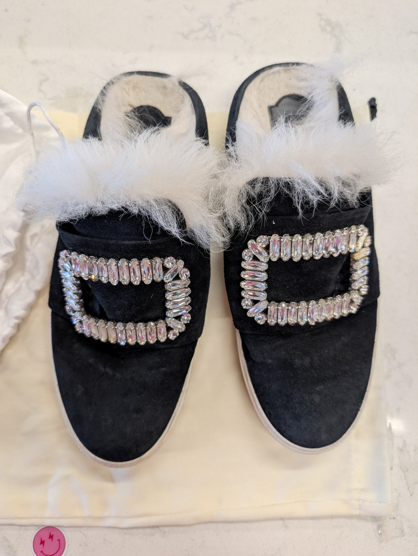 Roger Vivier Crystal Strass Buckle Fur Shearling Slippers w/ Dust Bag