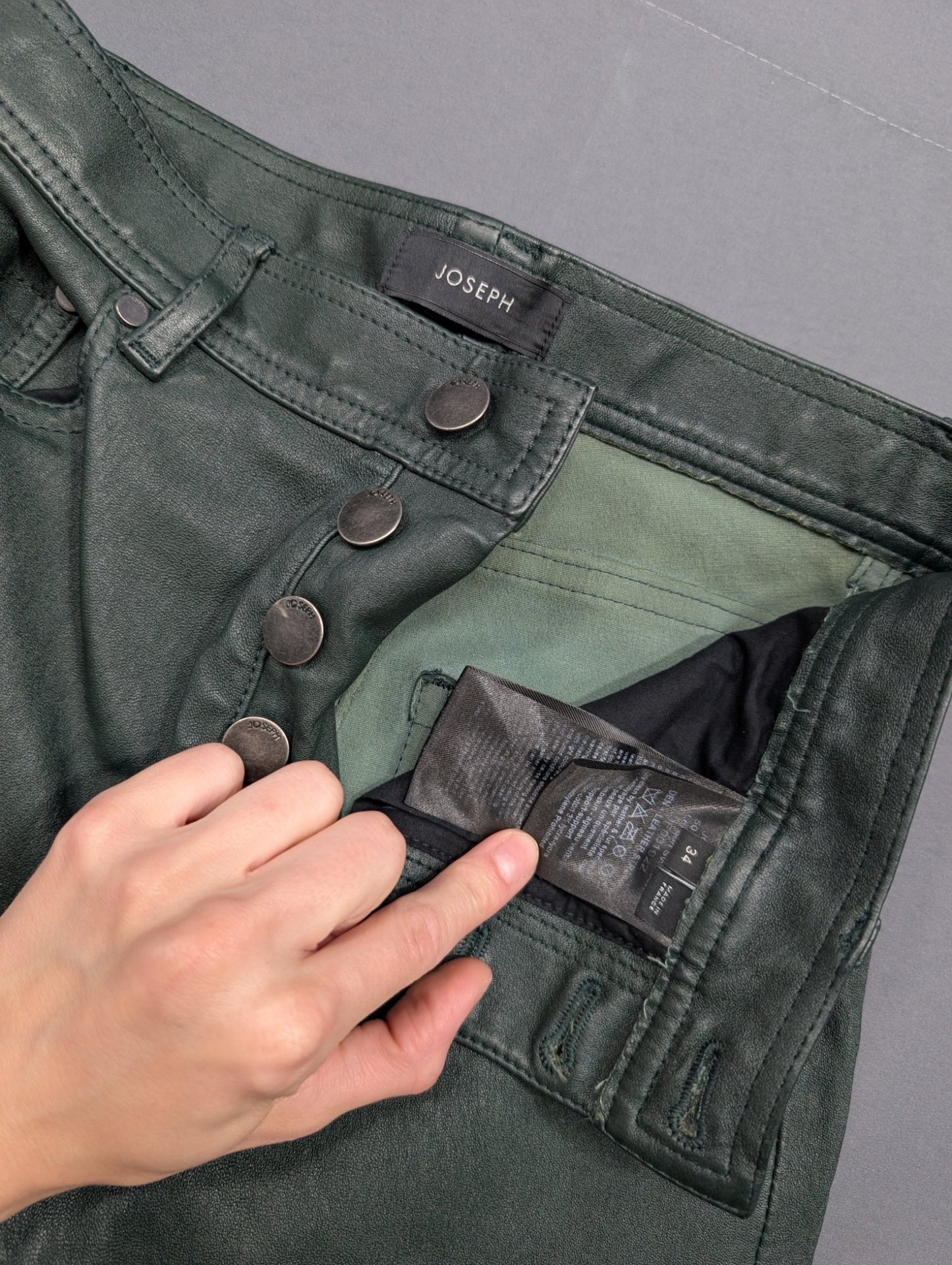 Joseph London Lambskin Leather Pants Green Slim 5-Pocket Size 34
