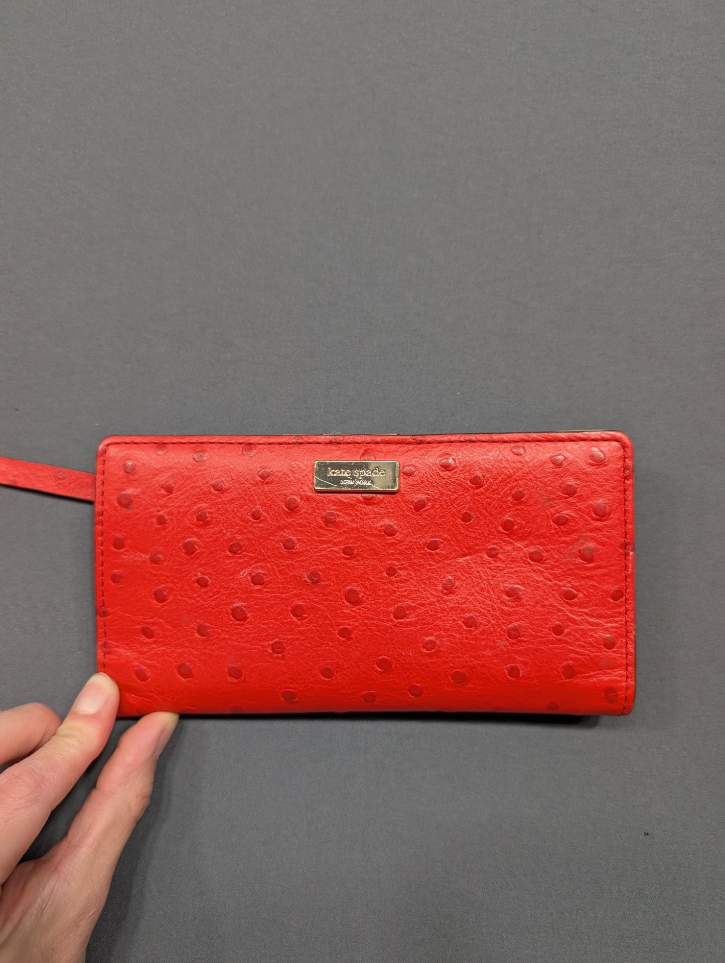 Kate Spade NY Red Ostrich Embossed Leather Bifold Wallet Wristlet