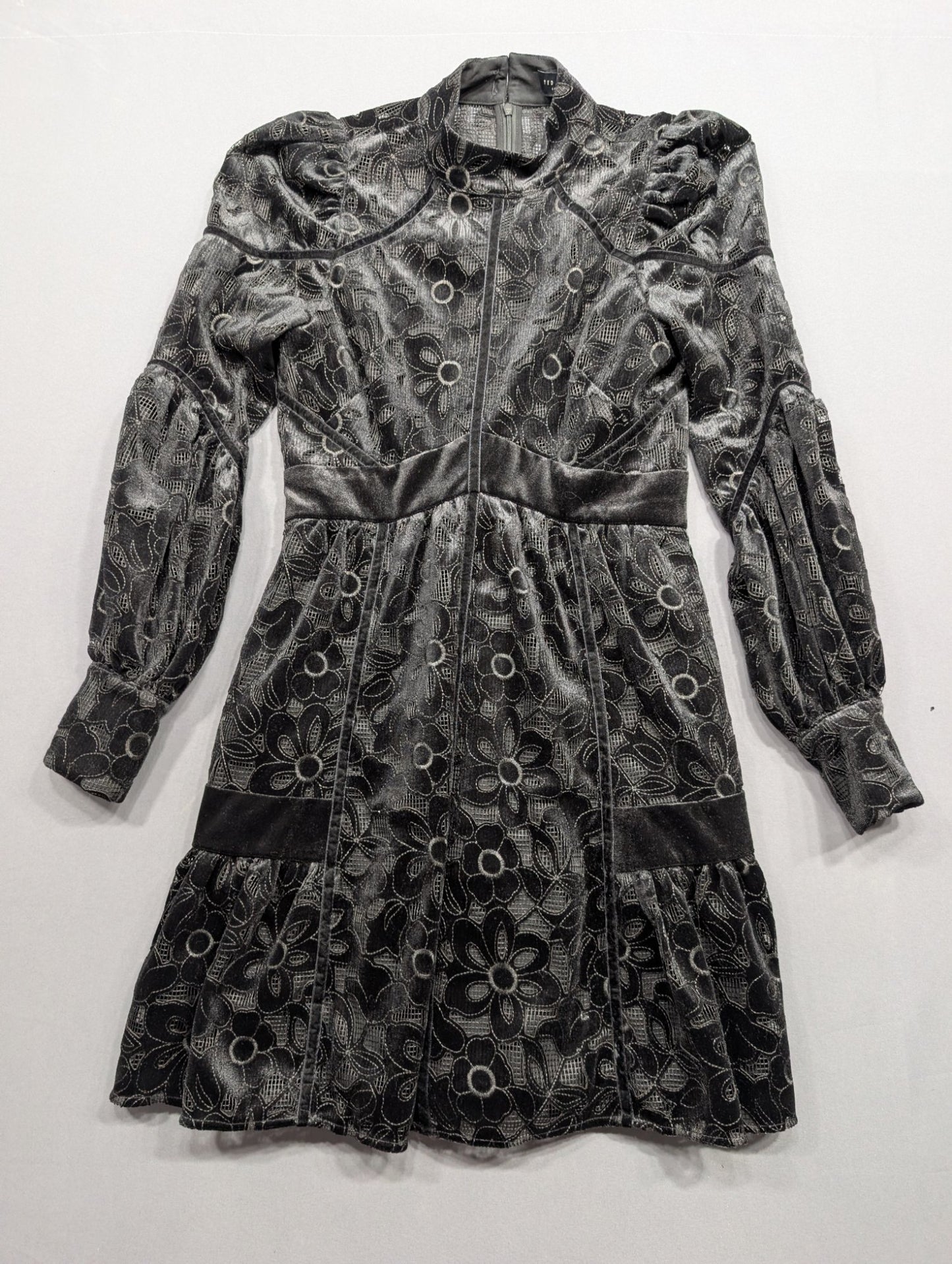 Ted Baker London Floral Velvet Mini Dress Black Silver Sz 1
