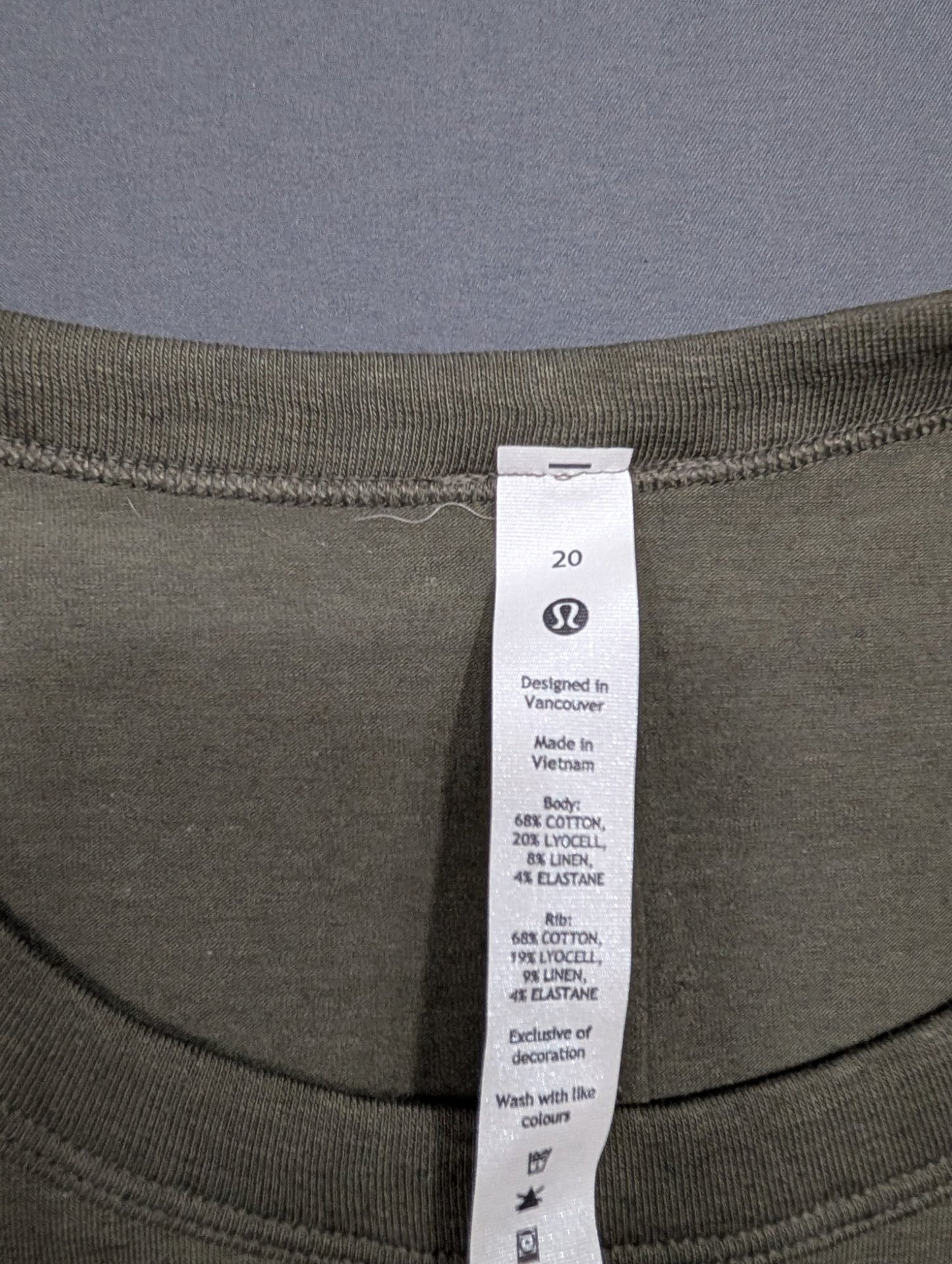 Lululemon Classic-Fit Cotton-Blend Long Sleeve Top Size 20 Olive
