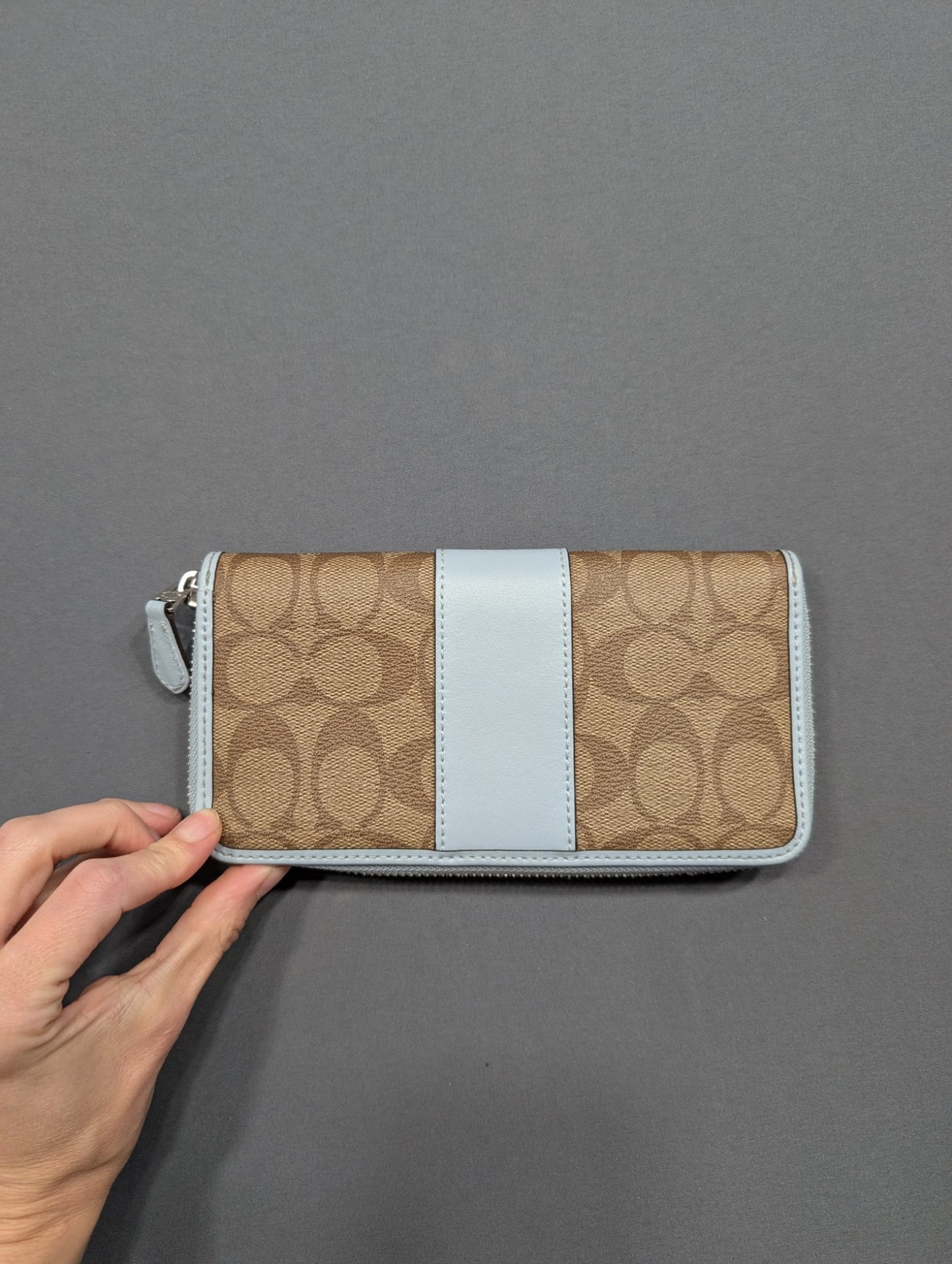 Coach Accordion Zip Wallet Signature Canvas Light Blue Silver