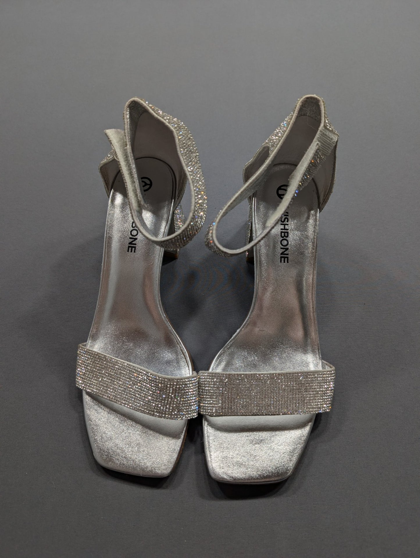 Wishbone Silver Rhinestone Block Heel Sandals Sz 9.5 Ankle Strap
