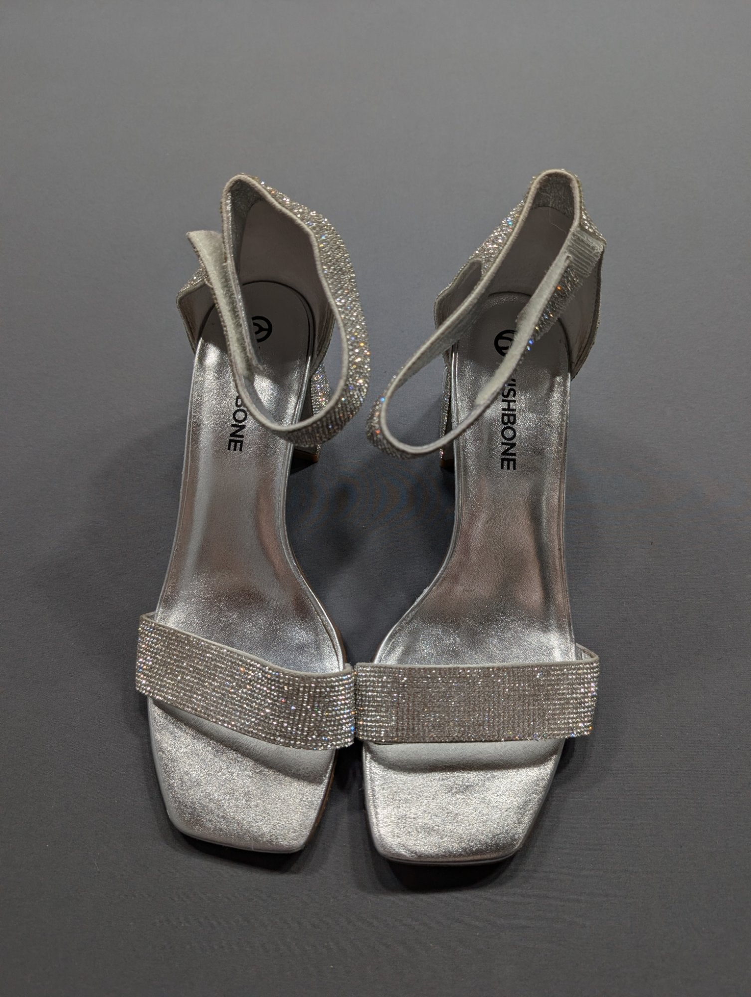 Wishbone Silver Rhinestone Block Heel Sandals Sz 9.5 Ankle Strap