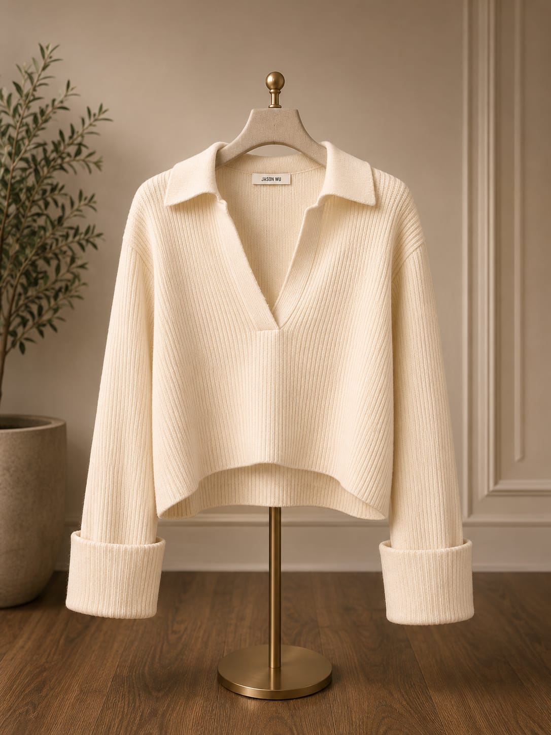 Jason Wu Cream Rib Knit Collared Sweater, Size M