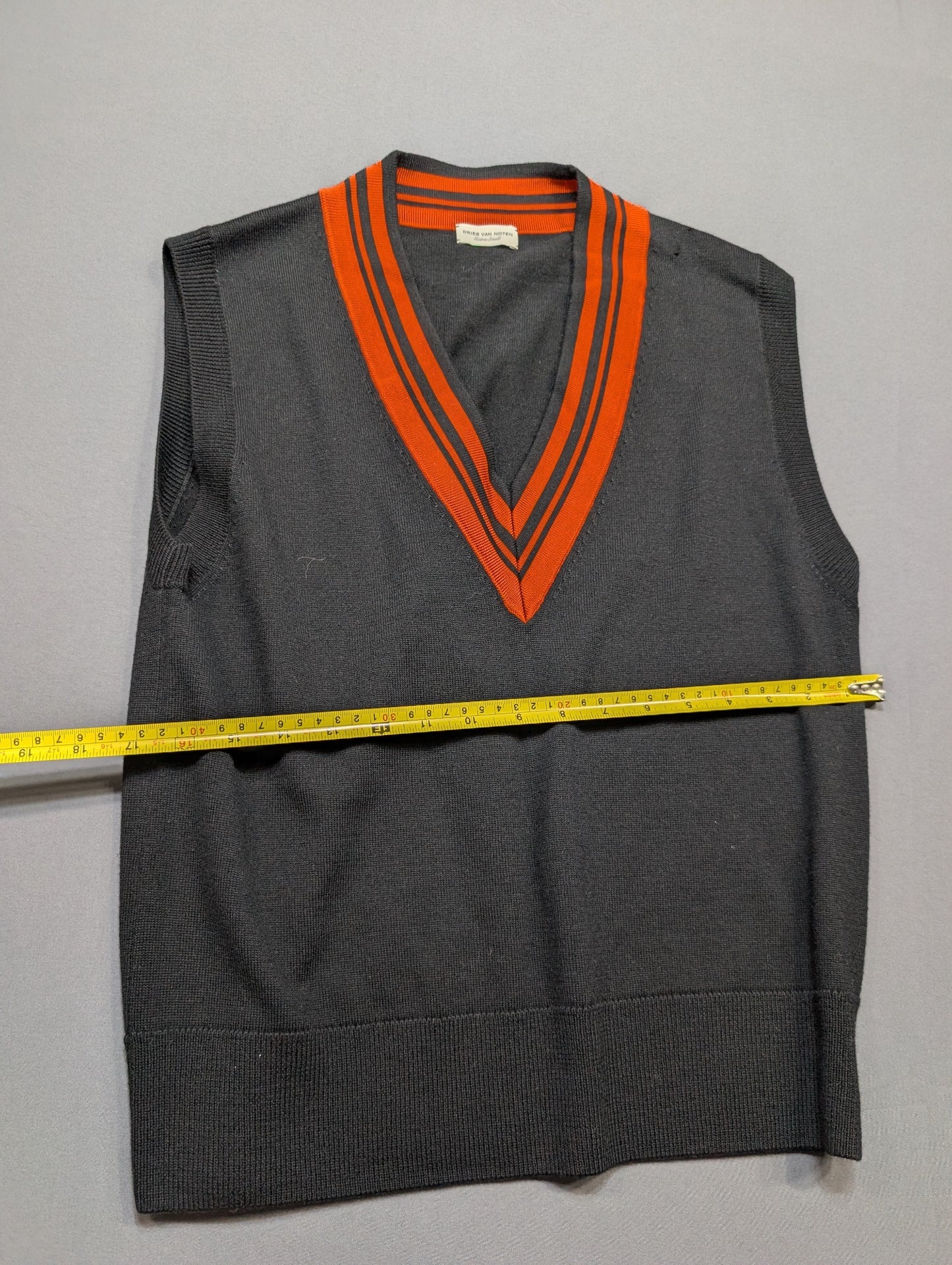 Dries Van Noten Merino Wool V-Neck Sweater Vest XS Dark Grey Orange