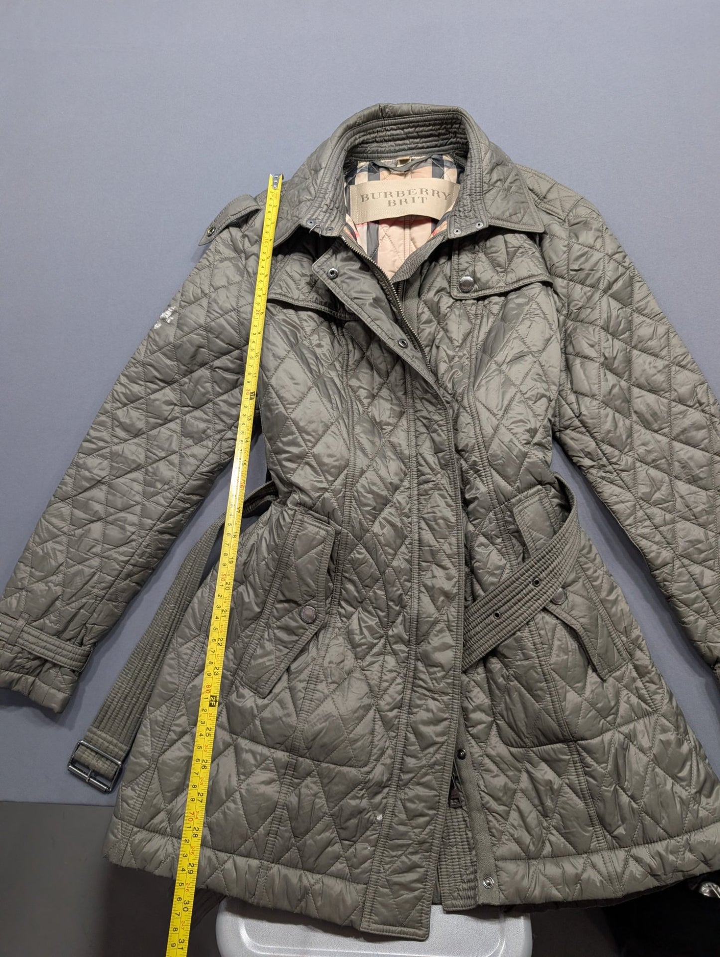 Burberry Brit Women's Quilted Jacket Olive Green Belted Coat