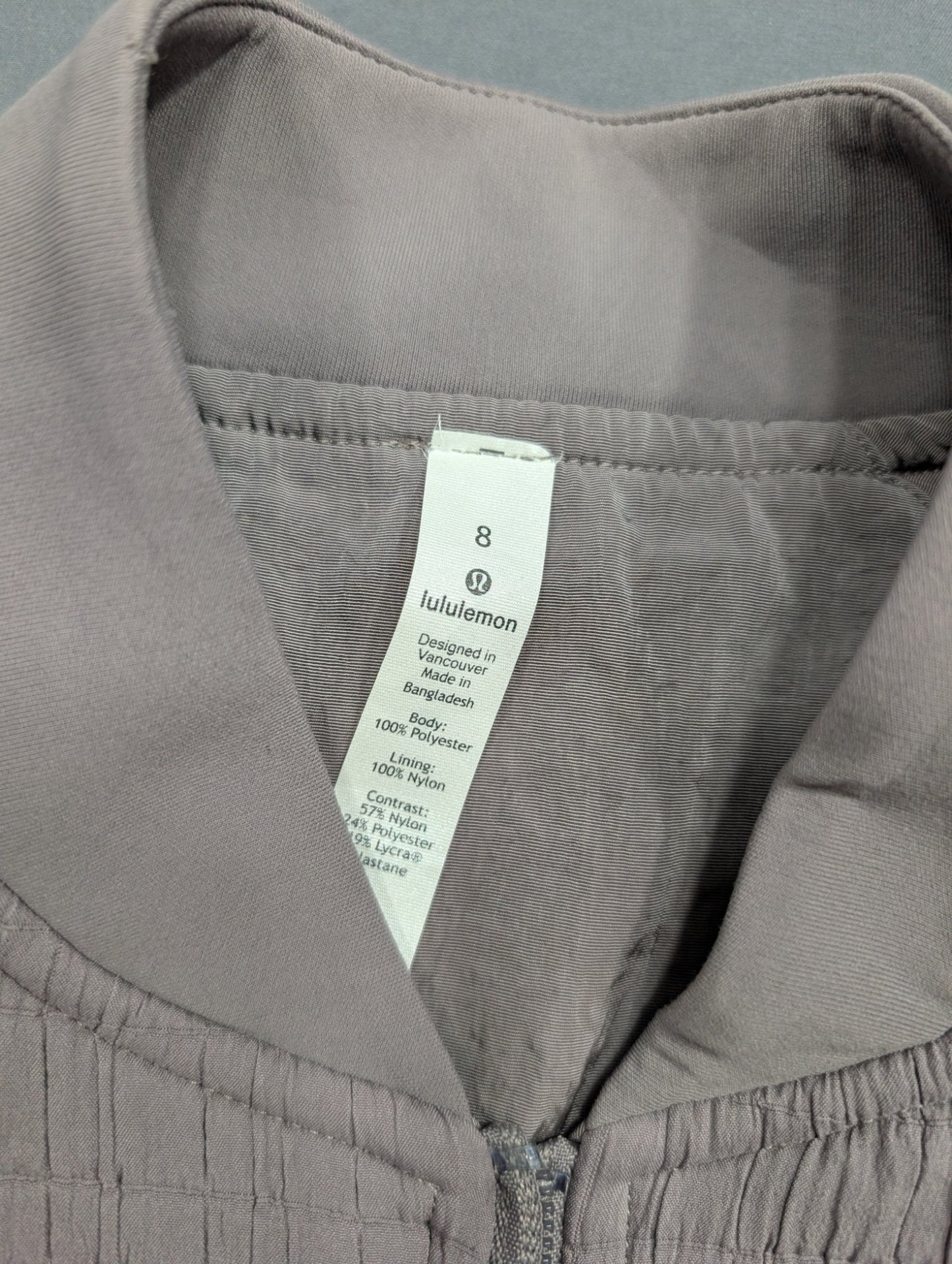 Lululemon Quilted Bomber Jacket Grey Size 8 Zip-Up Women
