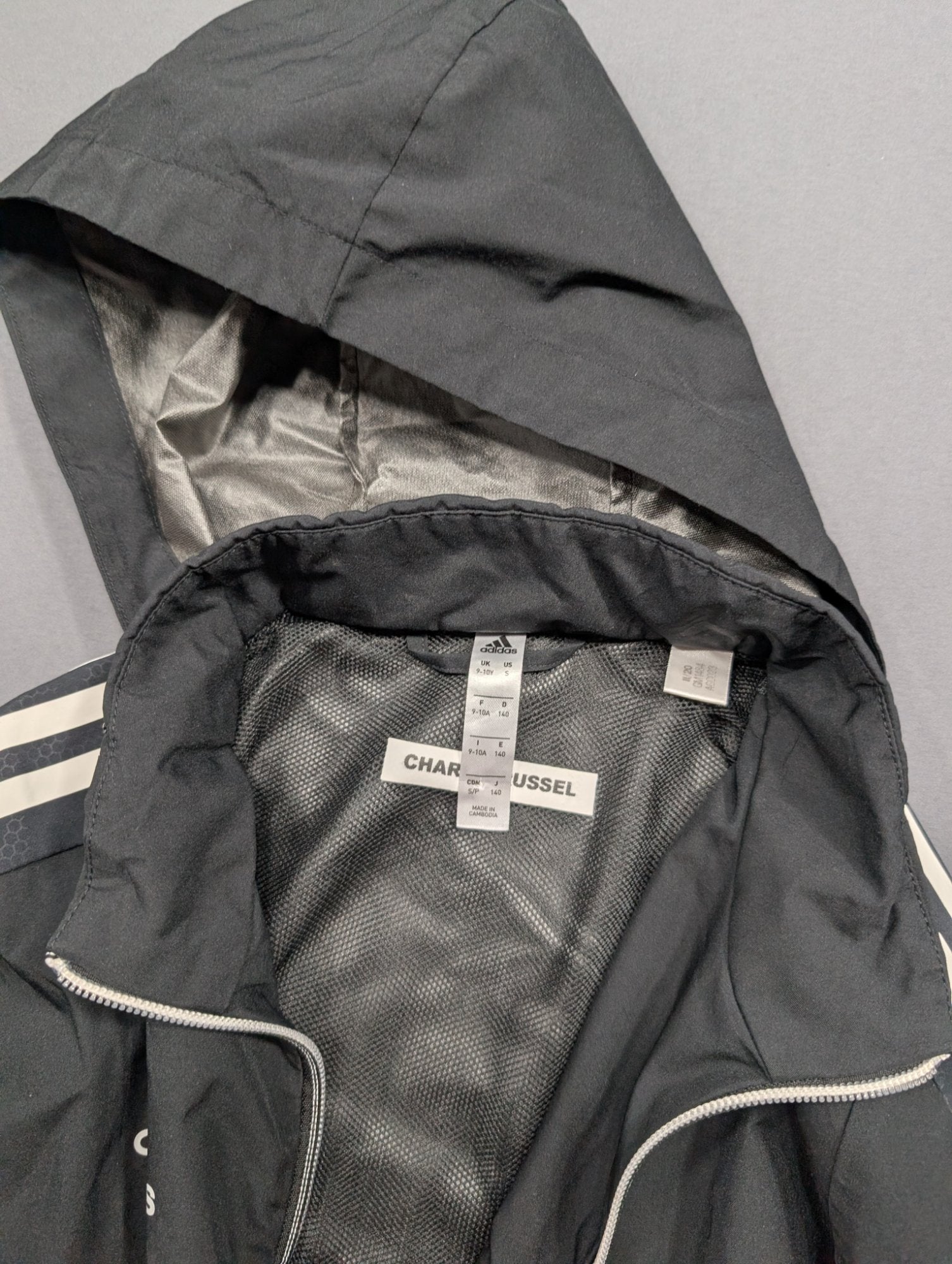 Adidas Kids Hooded Rain Jacket Black 3-Stripe Size S (9-10Y)