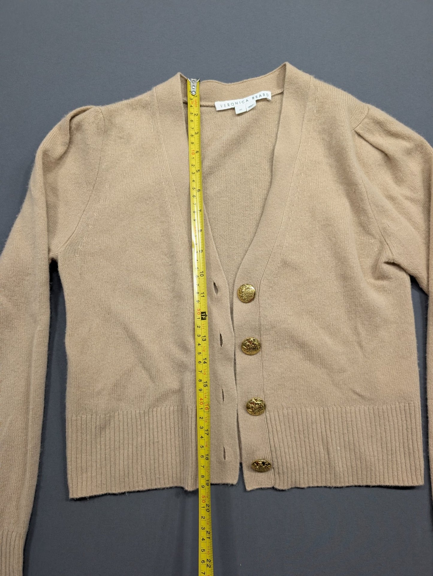 Veronica Beard Camel Cropped Cardigan XS Gold Crest Buttons Knit