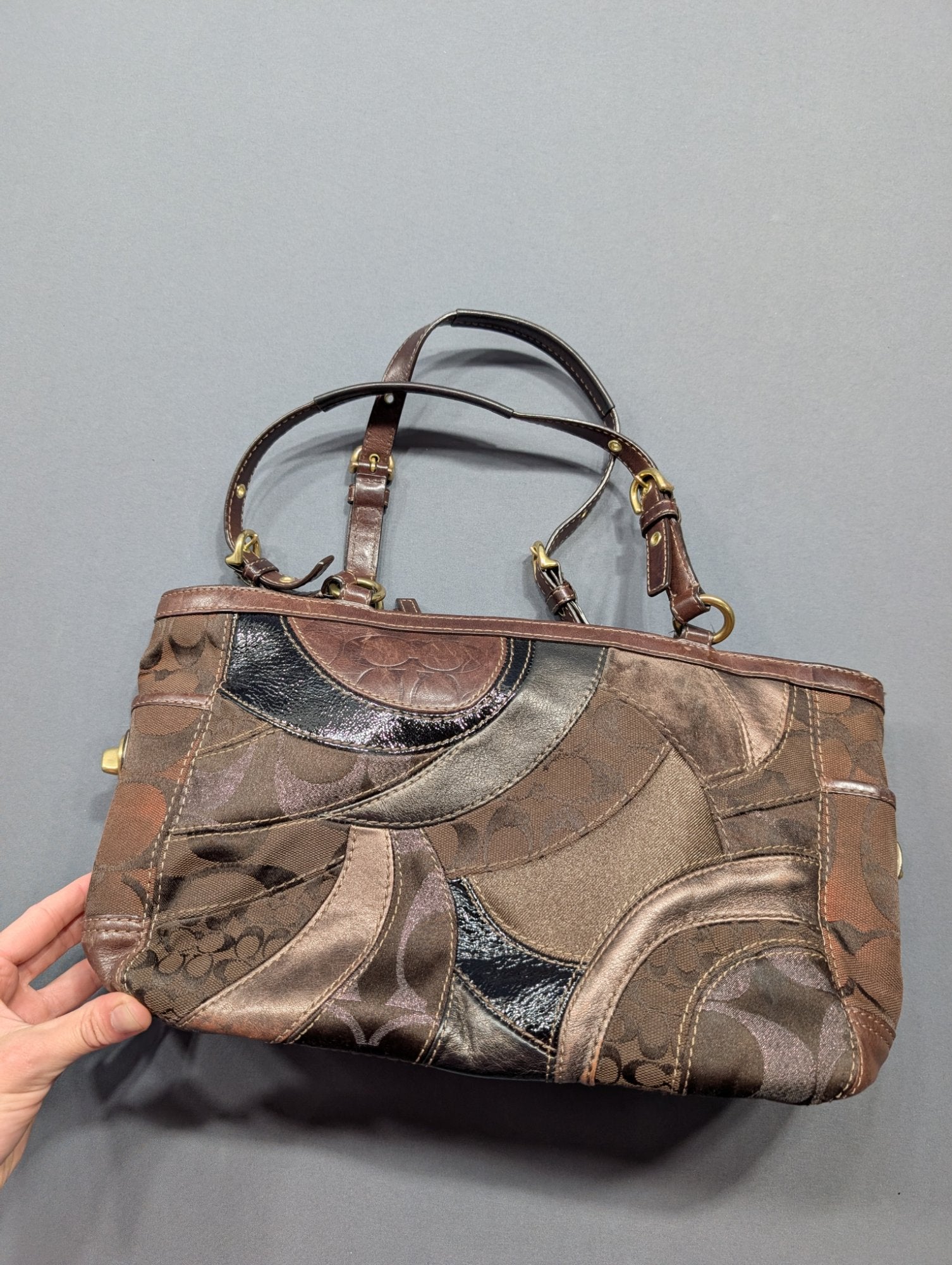 Coach Signature Patchwork Tote Bag Brown Metallic Leather Handbag
