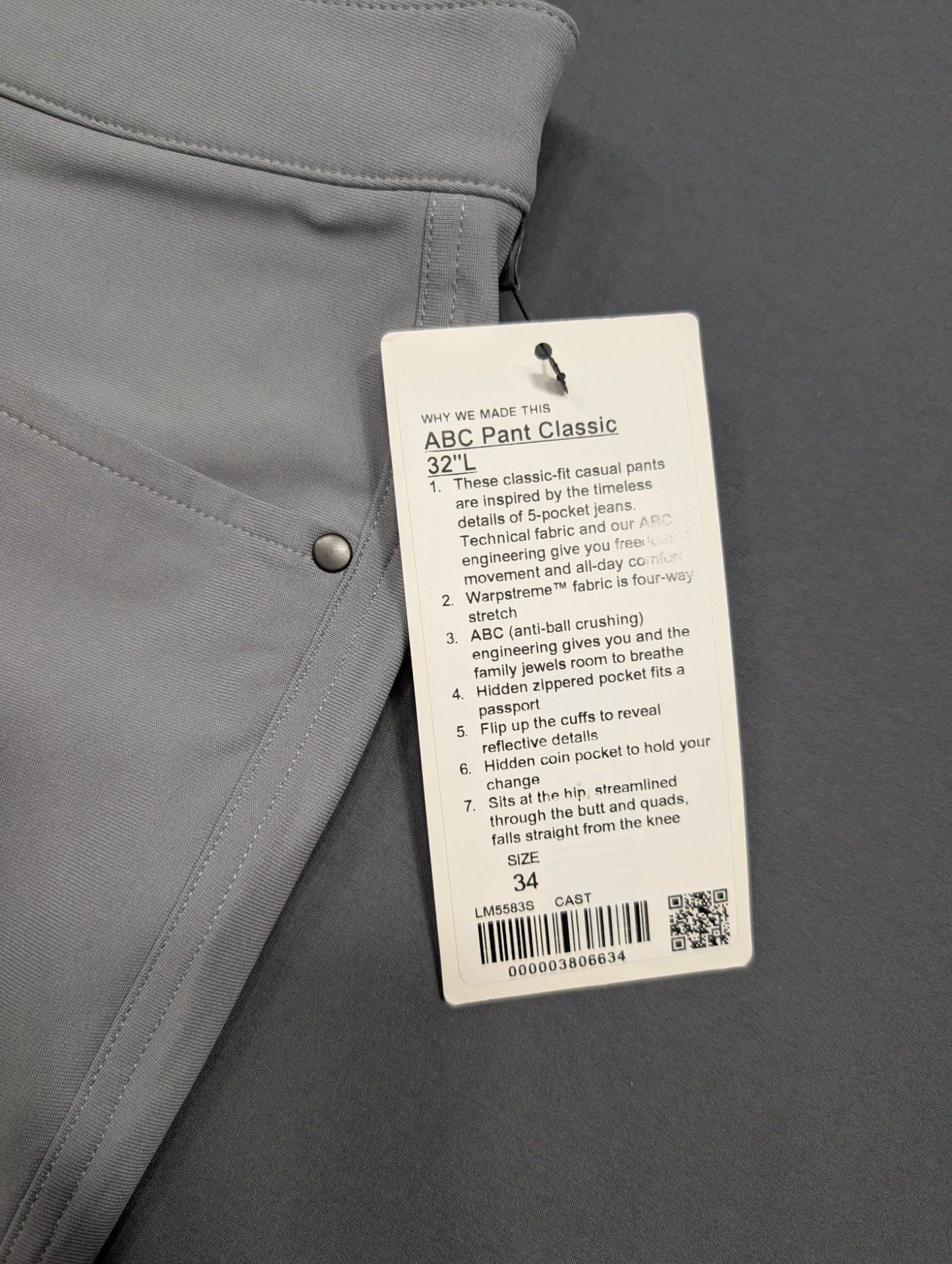 Lululemon ABC Pant Classic 34x32 Men's Slim Trouser Gray NWT