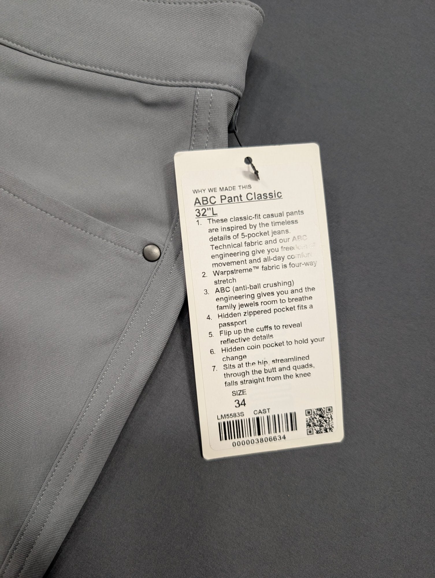Lululemon ABC Pant Classic 34x32 Men's Slim Trouser Gray NWT