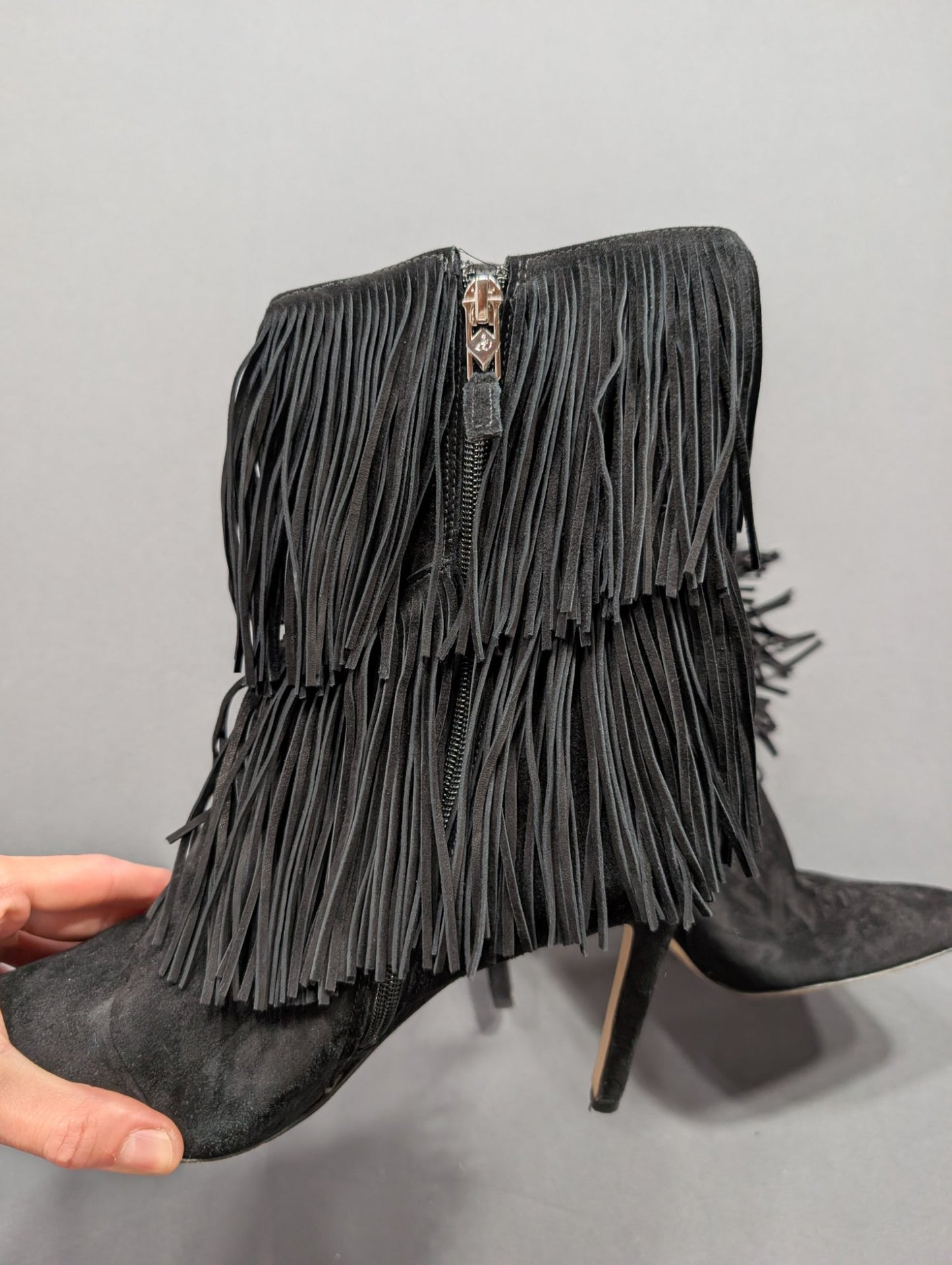 Sam Edelman Black Suede Fringe Stiletto Ankle Boot Size 8.5