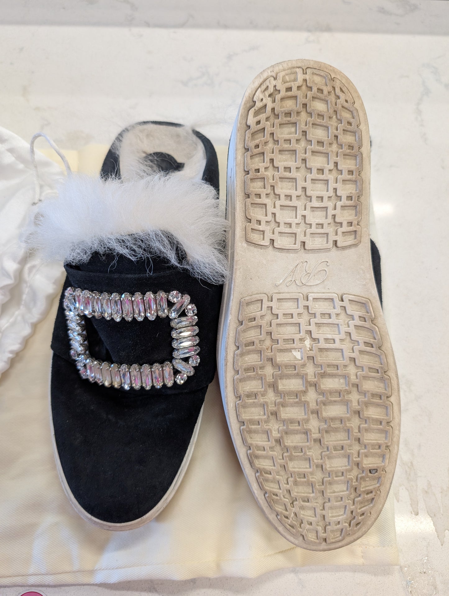 Roger Vivier Crystal Strass Buckle Fur Shearling Slippers w/ Dust Bag