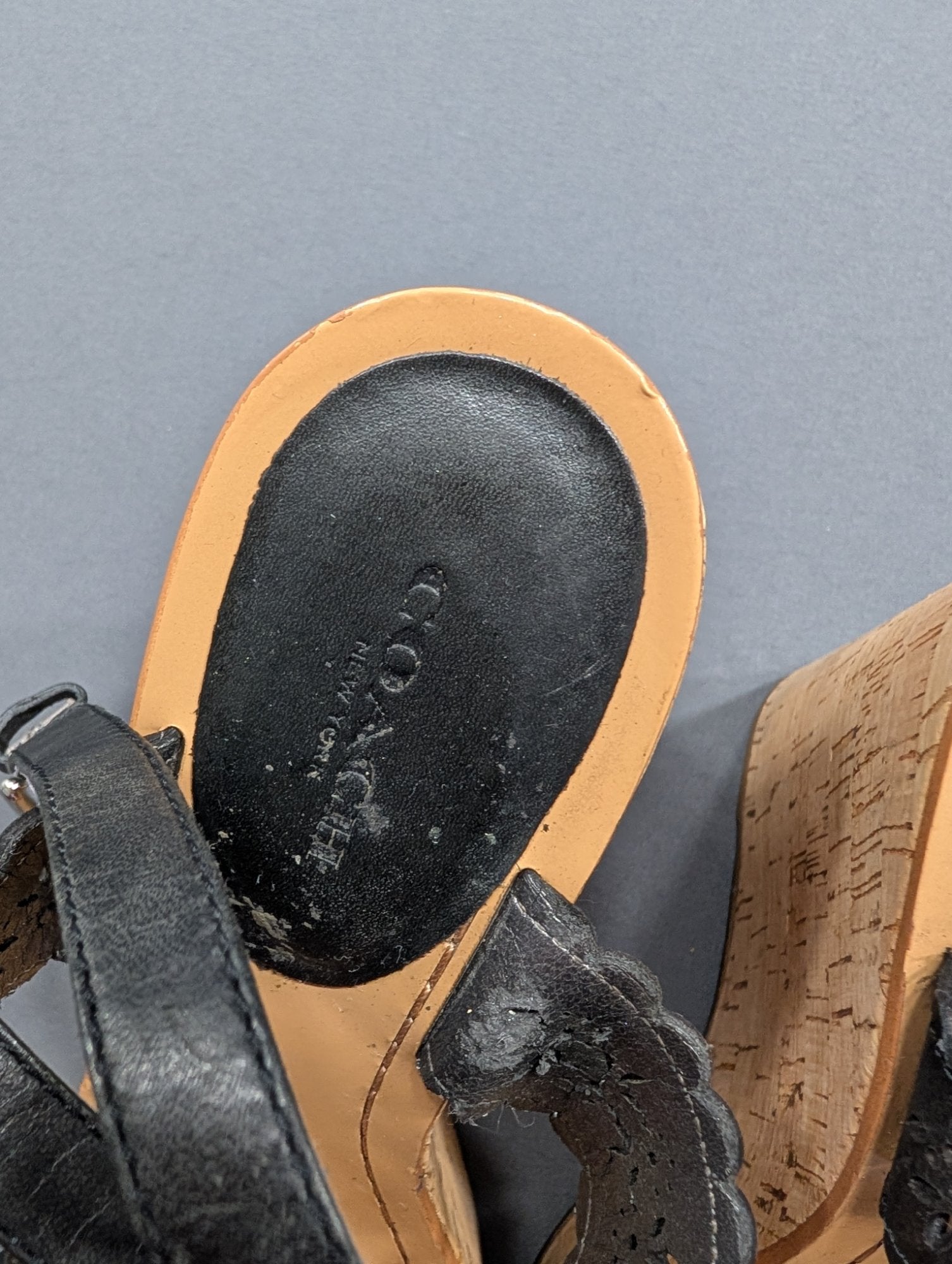 Coach Black Leather Cork Wedge Sandals Size 9.5B Laser Cut