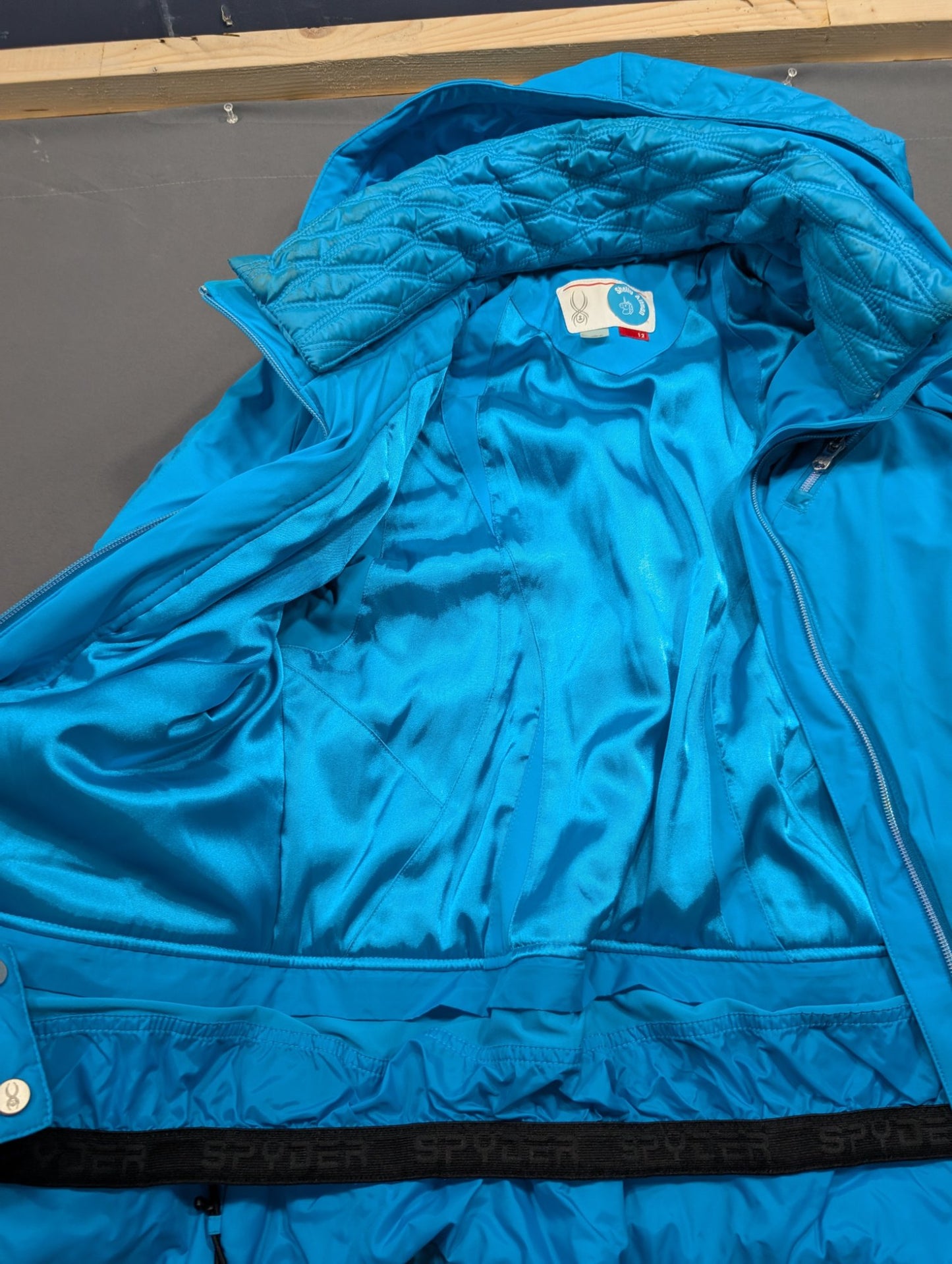 Spyder Girls Ski Jacket Size 12 Teal Blue Hooded Winter Snow