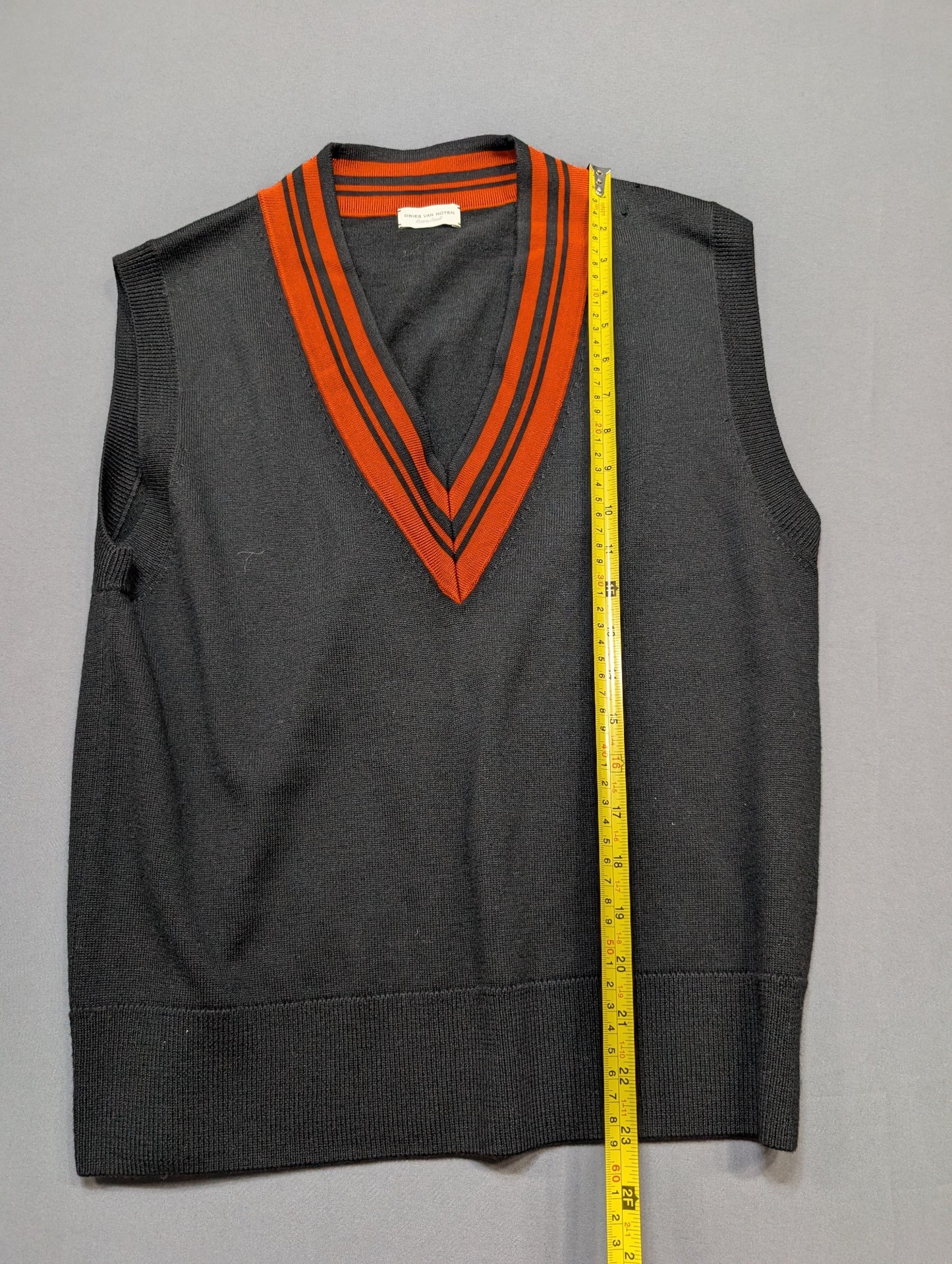 Dries Van Noten Merino Wool V-Neck Sweater Vest XS Dark Grey Orange