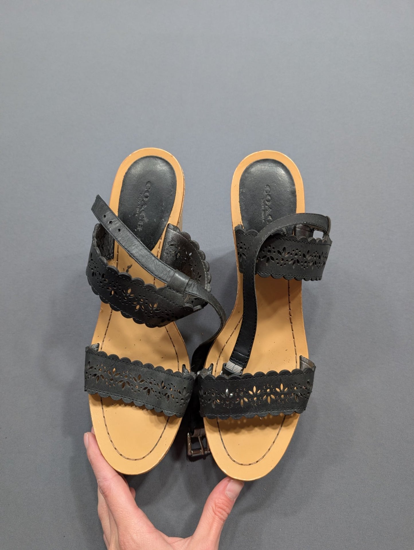 Coach Black Leather Cork Wedge Sandals Size 9.5B Laser Cut