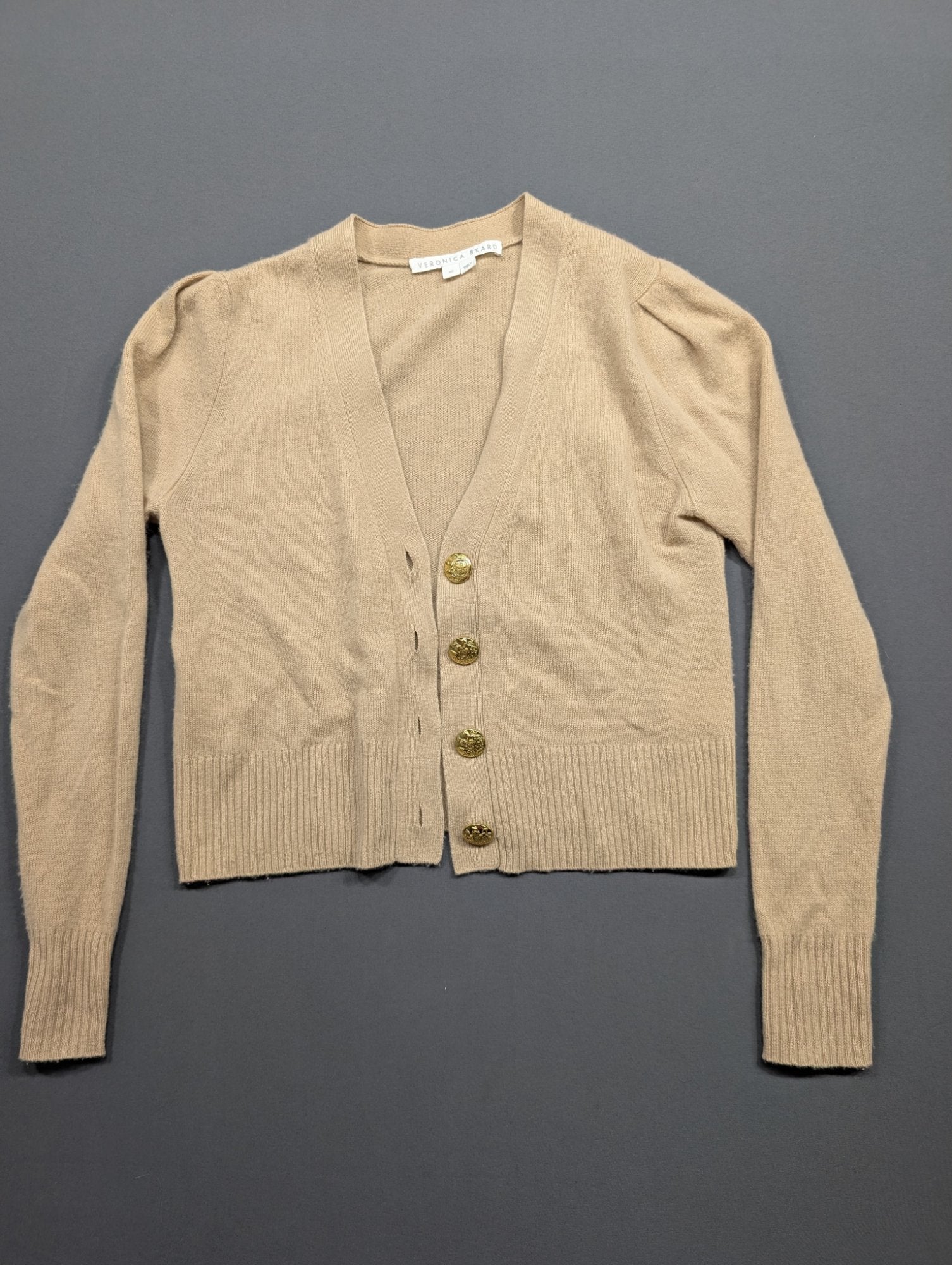 Veronica Beard Camel Cropped Cardigan XS Gold Crest Buttons Knit
