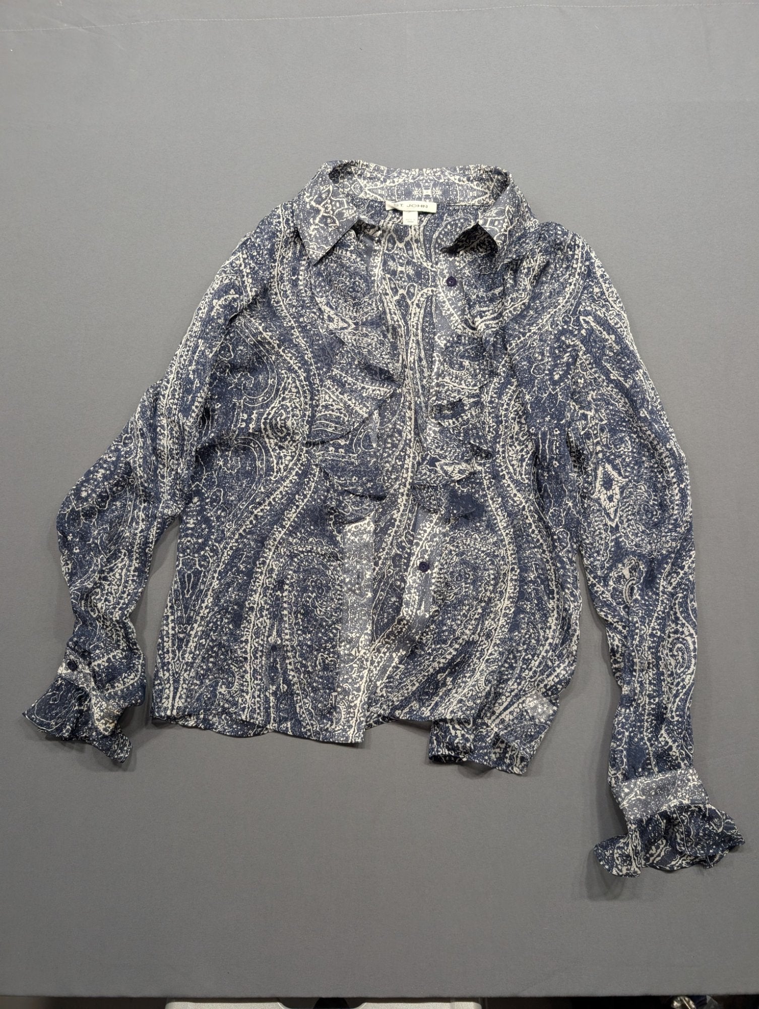 St. John Paisley Ruffle Blouse Blue White Button-Up Long Sleeve Top